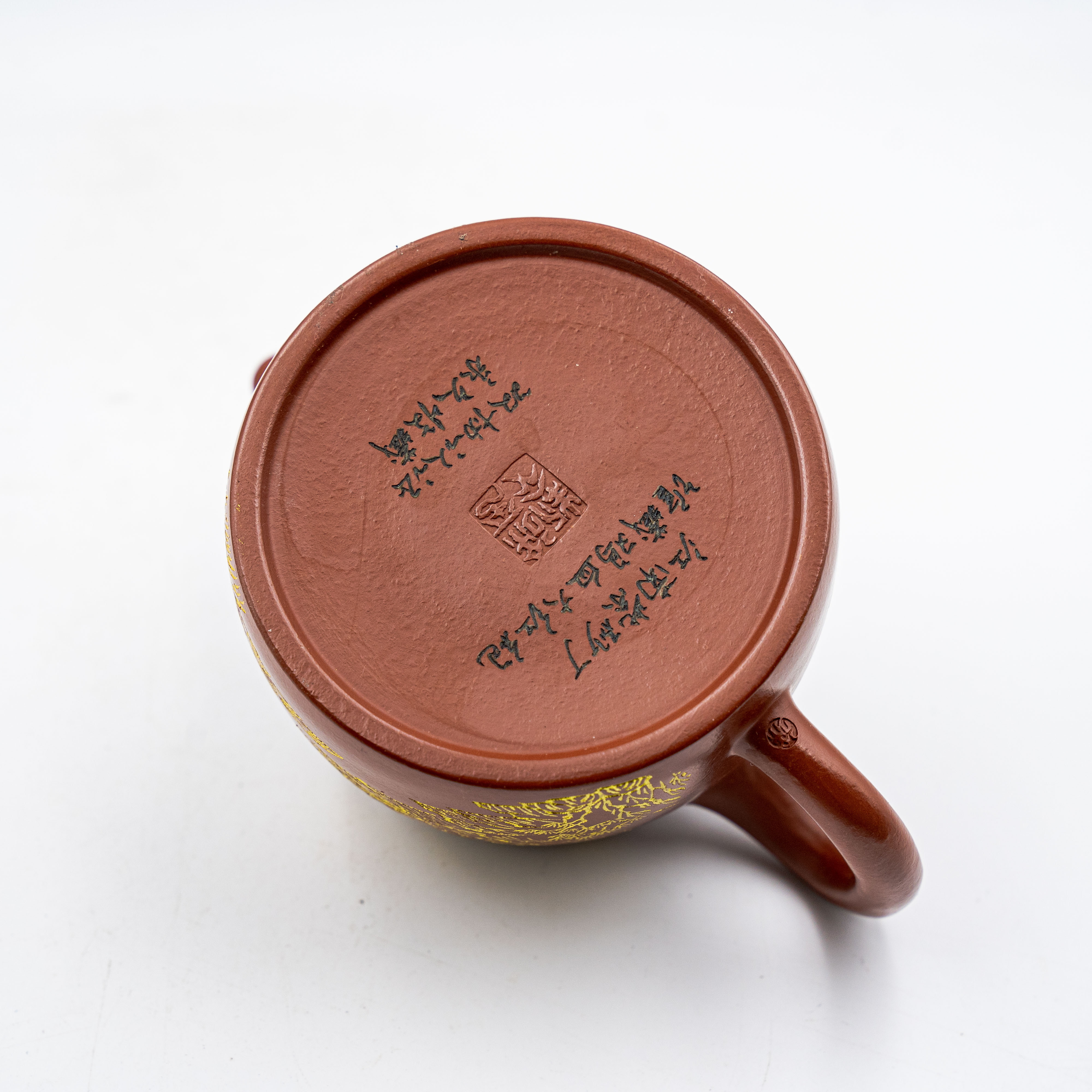 Handcrafted Yixing Zisha Handuo Teapot, Red Clay with Gold-Plated Landscape Motif