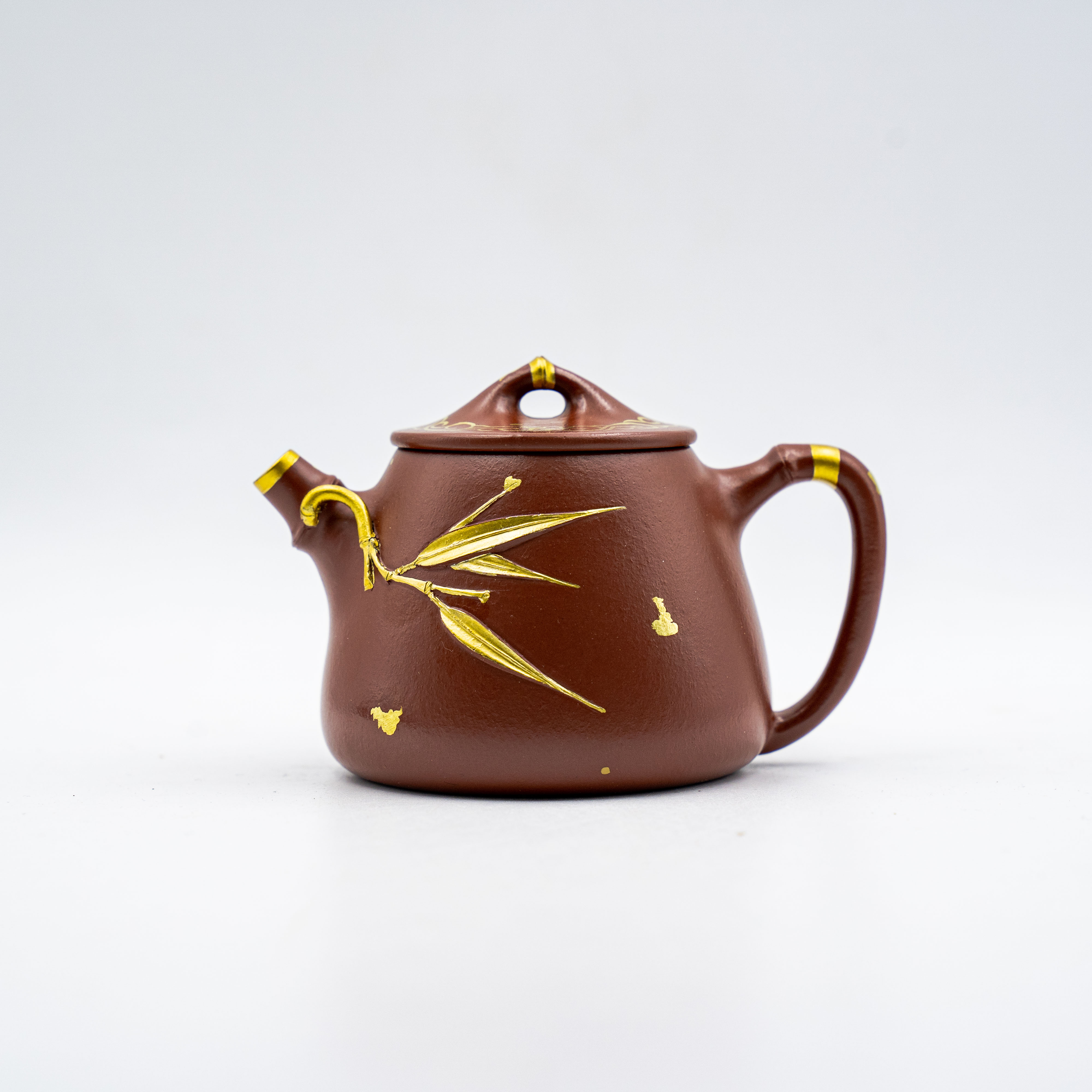 Handcrafted Yixing Zisha Gaoshi Piao Teapot, Dahuangpao Clay with Gold-Plated Bamboo Motif