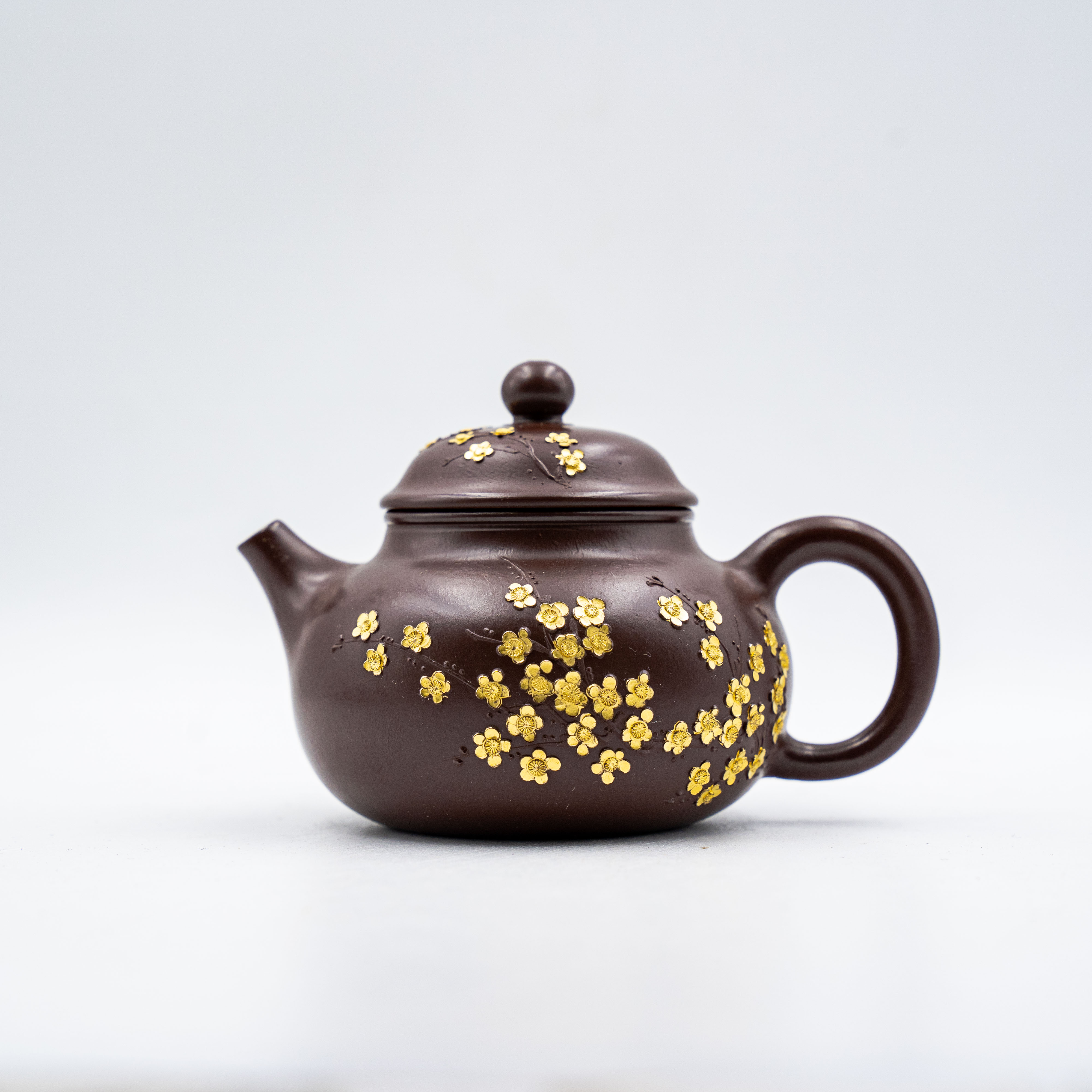 Handcrafted Yixing Zisha Rongtian Teapot, Purple Clay with Mud-Painted Plum Blossom Motif