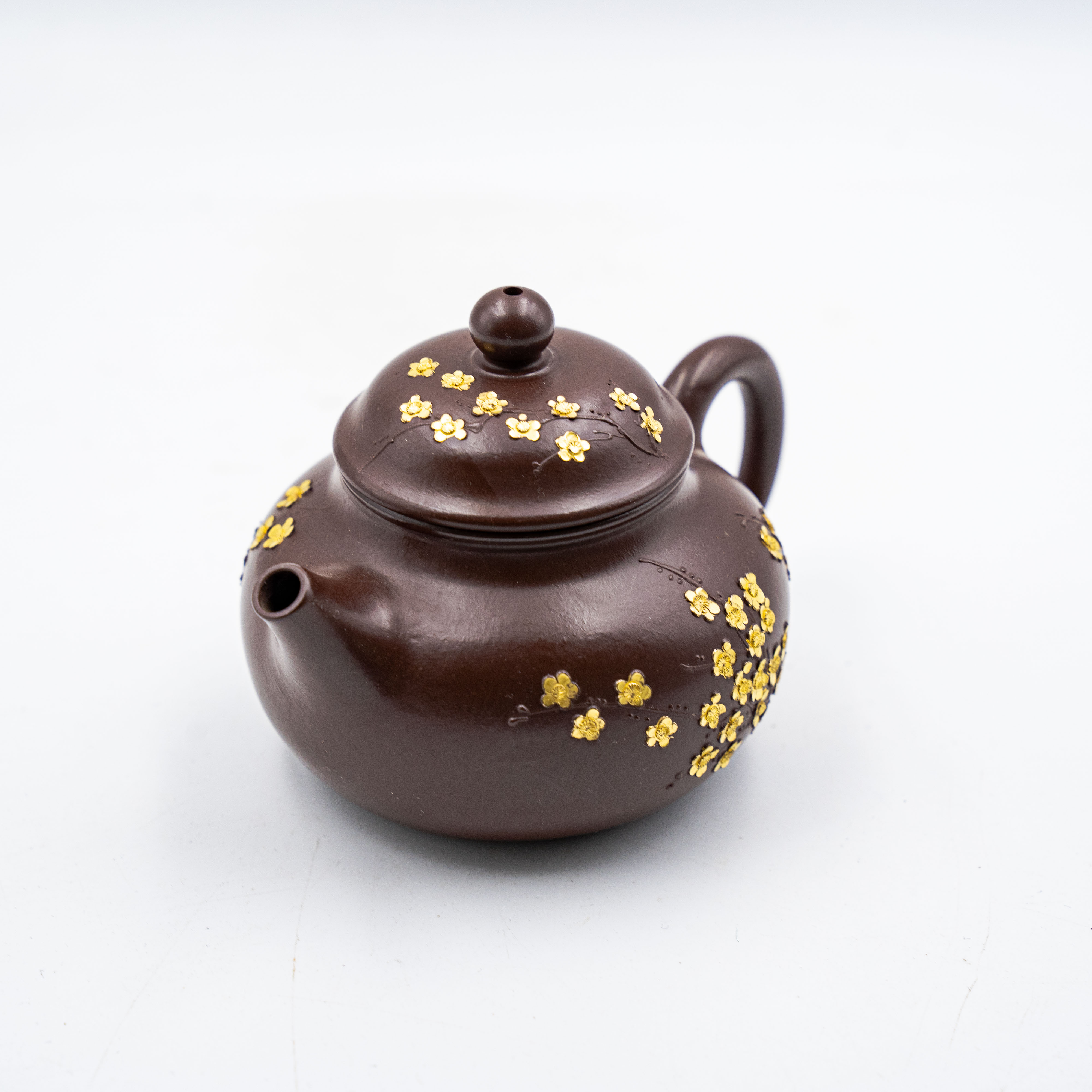 Handcrafted Yixing Zisha Rongtian Teapot, Purple Clay with Mud-Painted Plum Blossom Motif