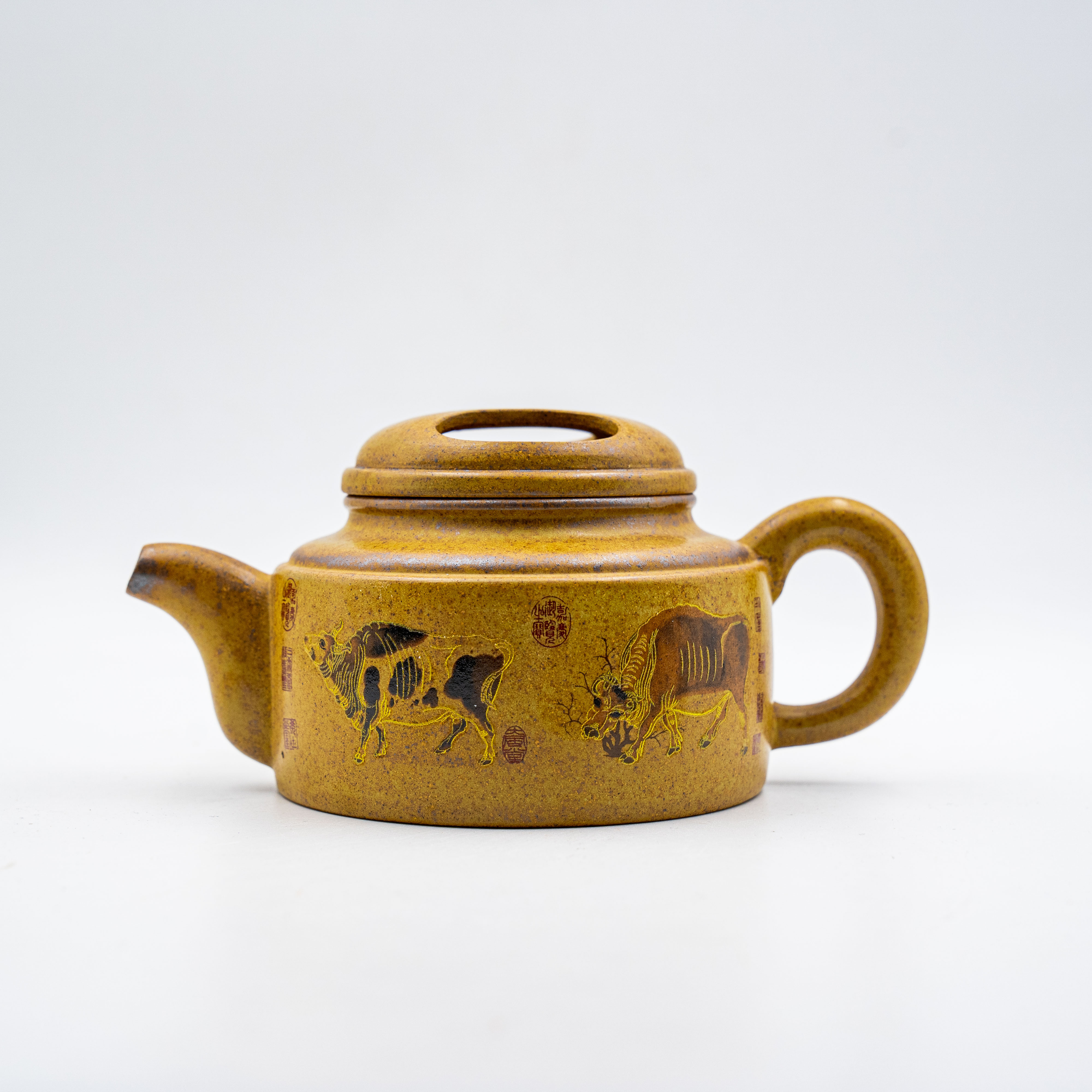 Handcrafted Yixing Zisha Hanwa Teapot, Wood-Fired Yellow Clay, Five Oxen Design