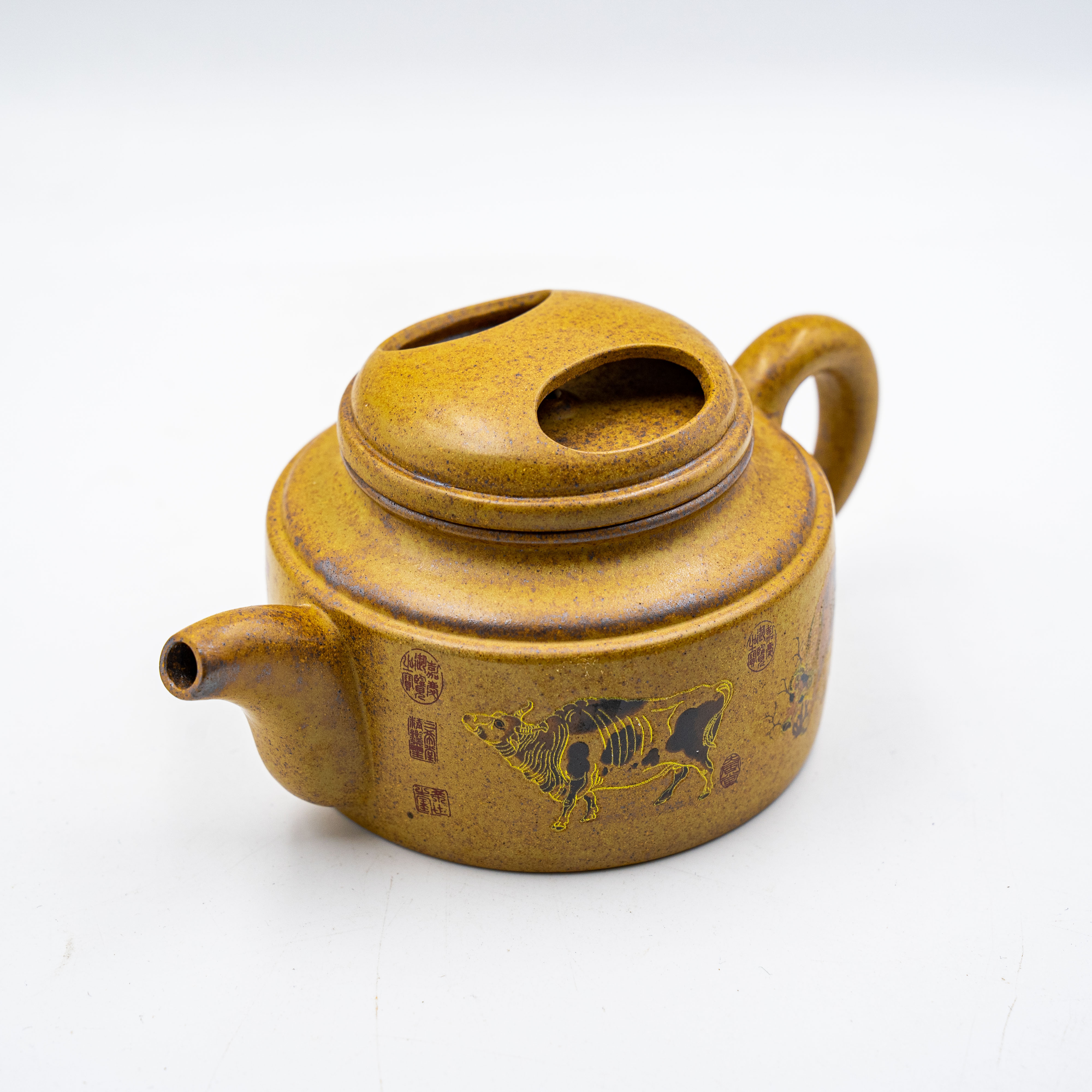 Handcrafted Yixing Zisha Hanwa Teapot, Wood-Fired Yellow Clay, Five Oxen Design