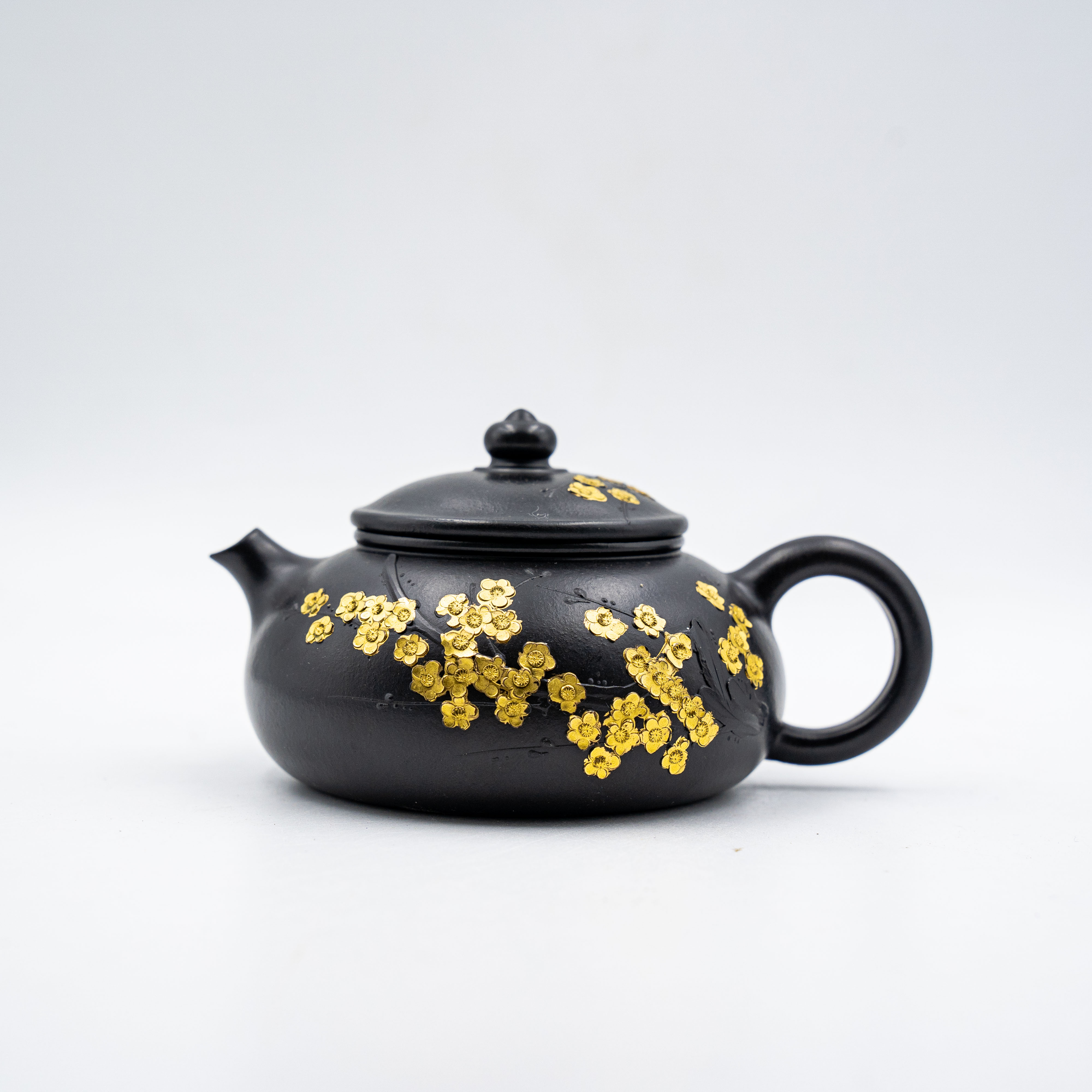 Handcrafted Yixing Zisha Heijin Meihua Hanjiang Teapot, Black Clay with Gold-Plated Plum Blossom Motif
