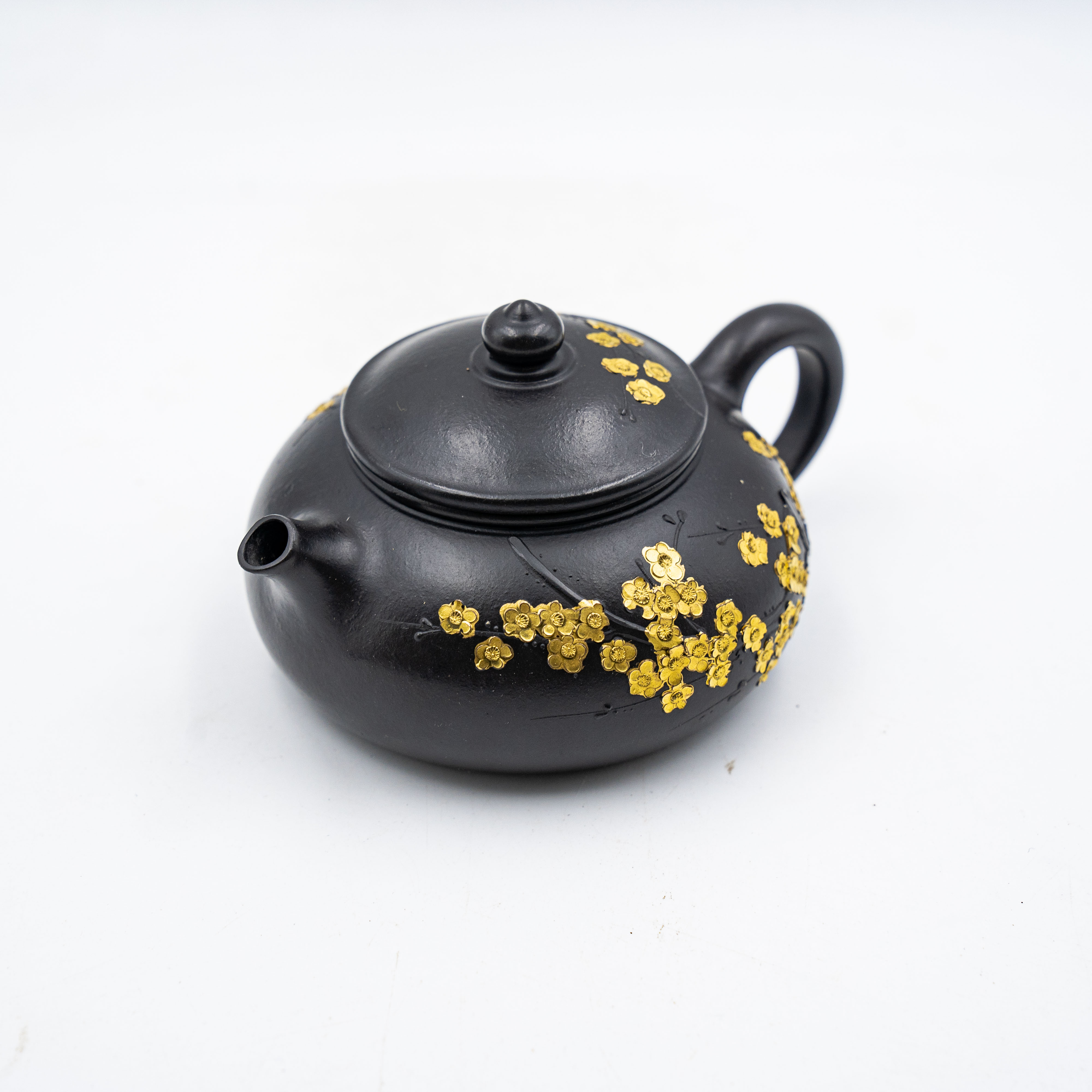 Handcrafted Yixing Zisha Heijin Meihua Hanjiang Teapot, Black Clay with Gold-Plated Plum Blossom Motif