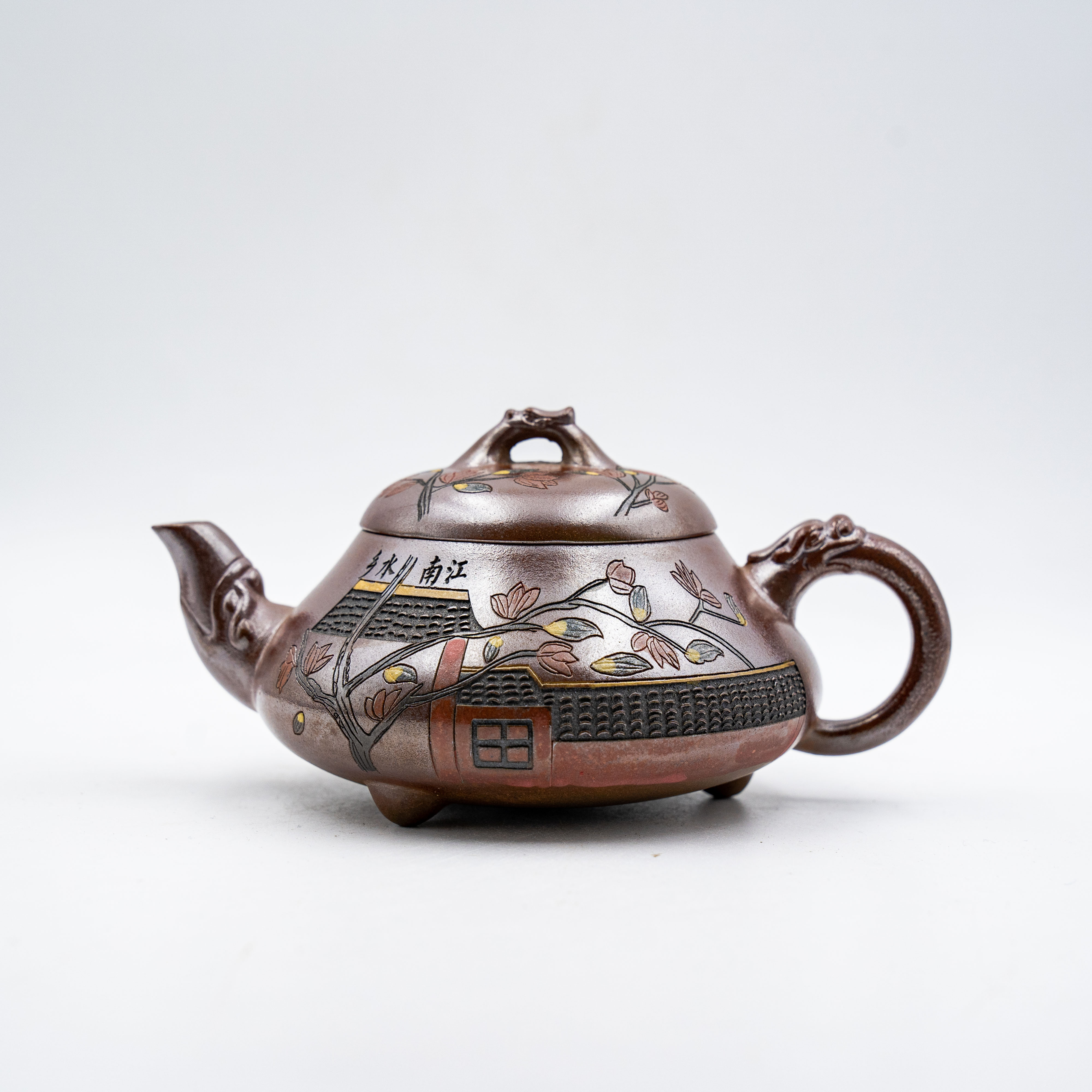 Handcrafted Yixing Zisha Hantang Shipiao Teapot, Wood-Fired Duan Clay with "White Hair Returns to Hometown" Motif