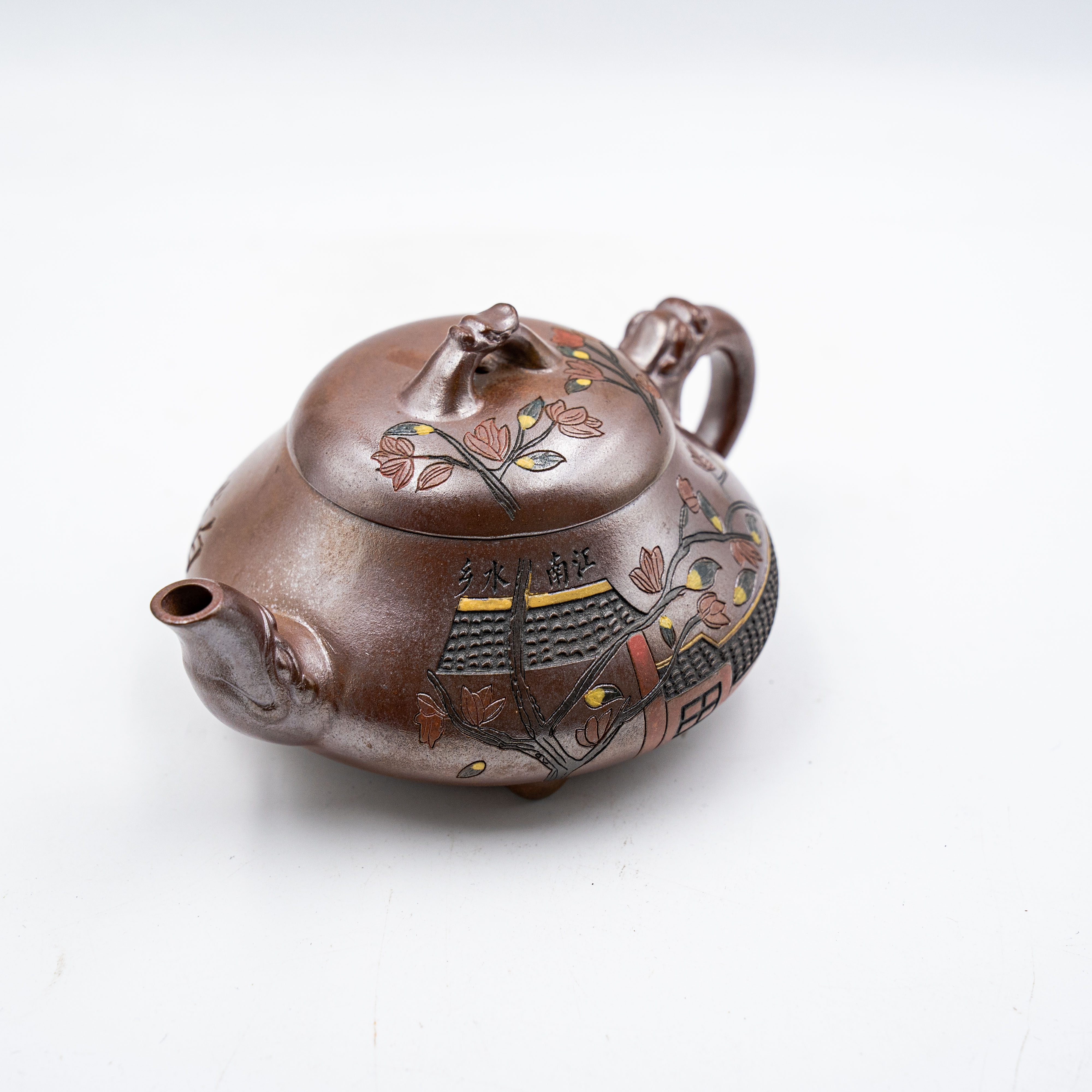 Handcrafted Yixing Zisha Hantang Shipiao Teapot, Wood-Fired Duan Clay with "White Hair Returns to Hometown" Motif