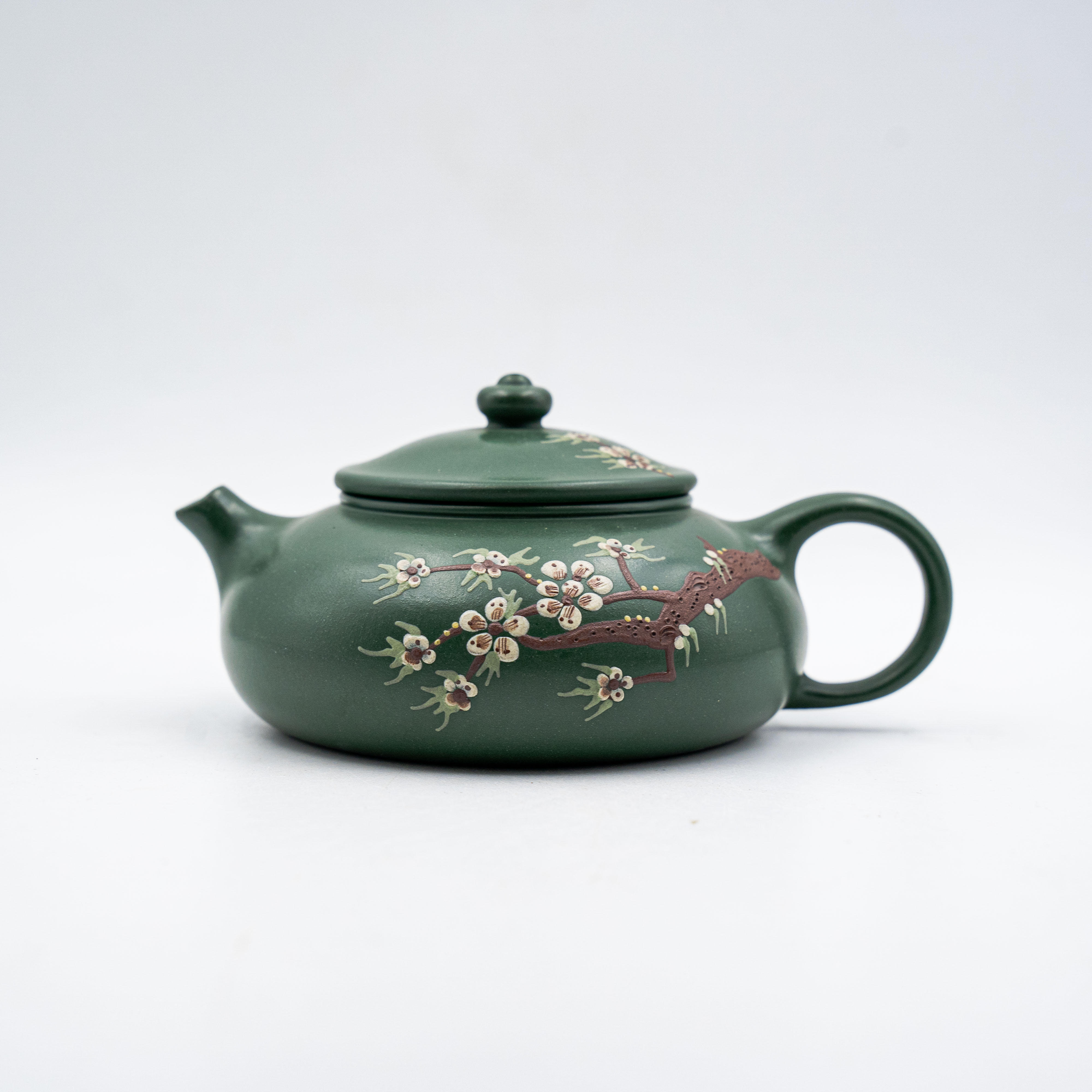 Handcrafted Yixing Zisha Hanjiang Teapot with Plum Blossom Motif, Green Clay