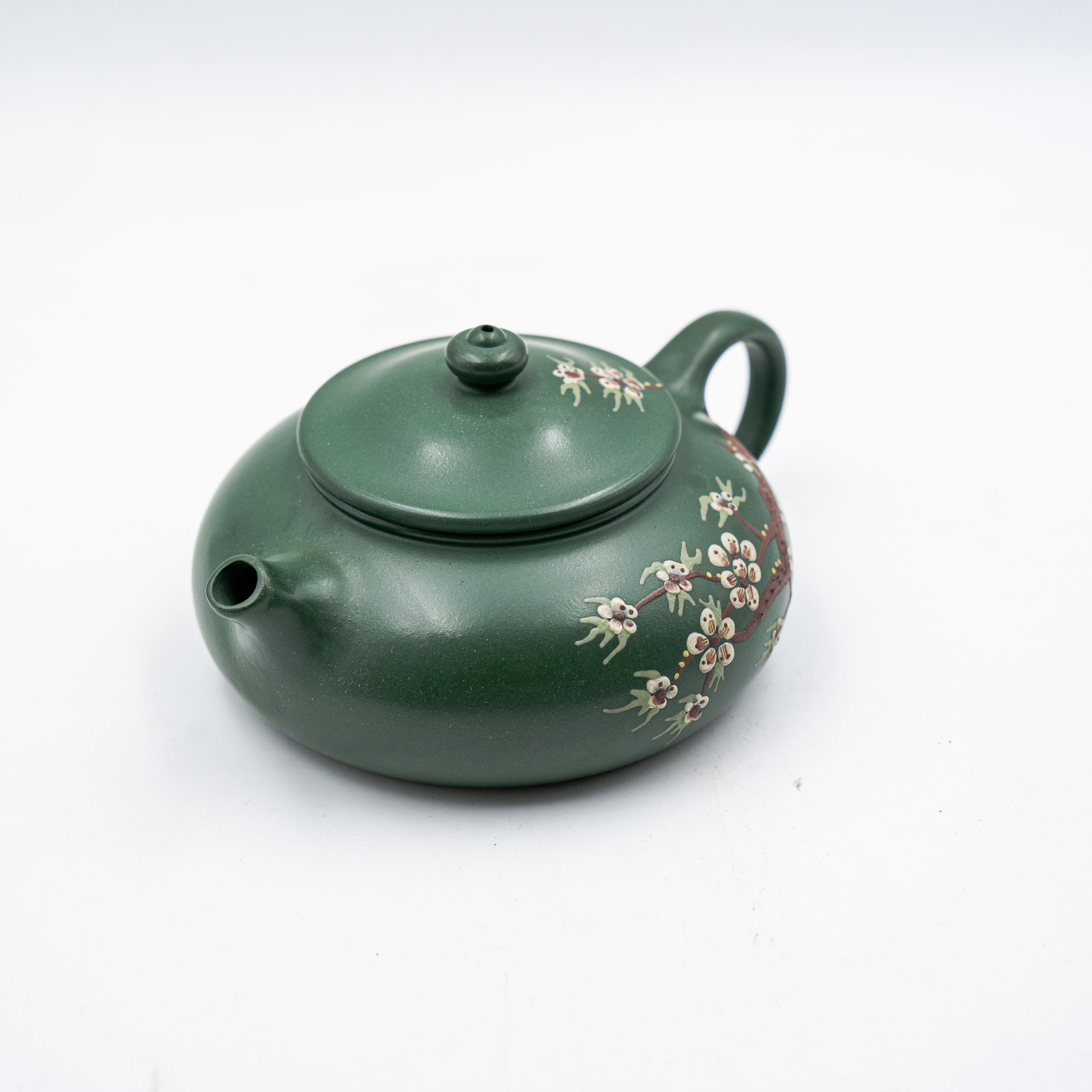 Handcrafted Yixing Zisha Hanjiang Teapot with Plum Blossom Motif, Green Clay
