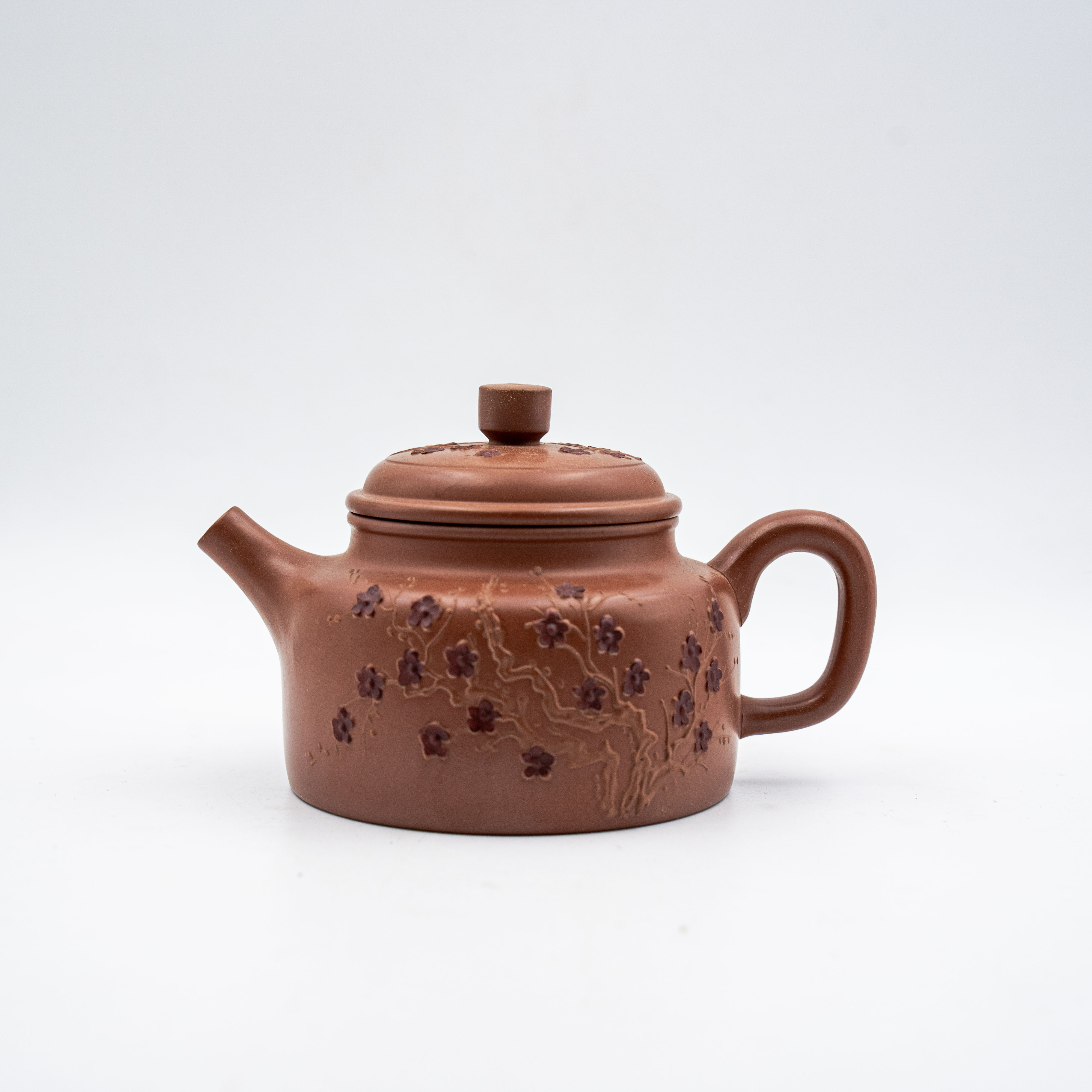 Handcrafted Yixing Zisha Dezhong Teapot, Zhu Clay with Plum Blossom Carving