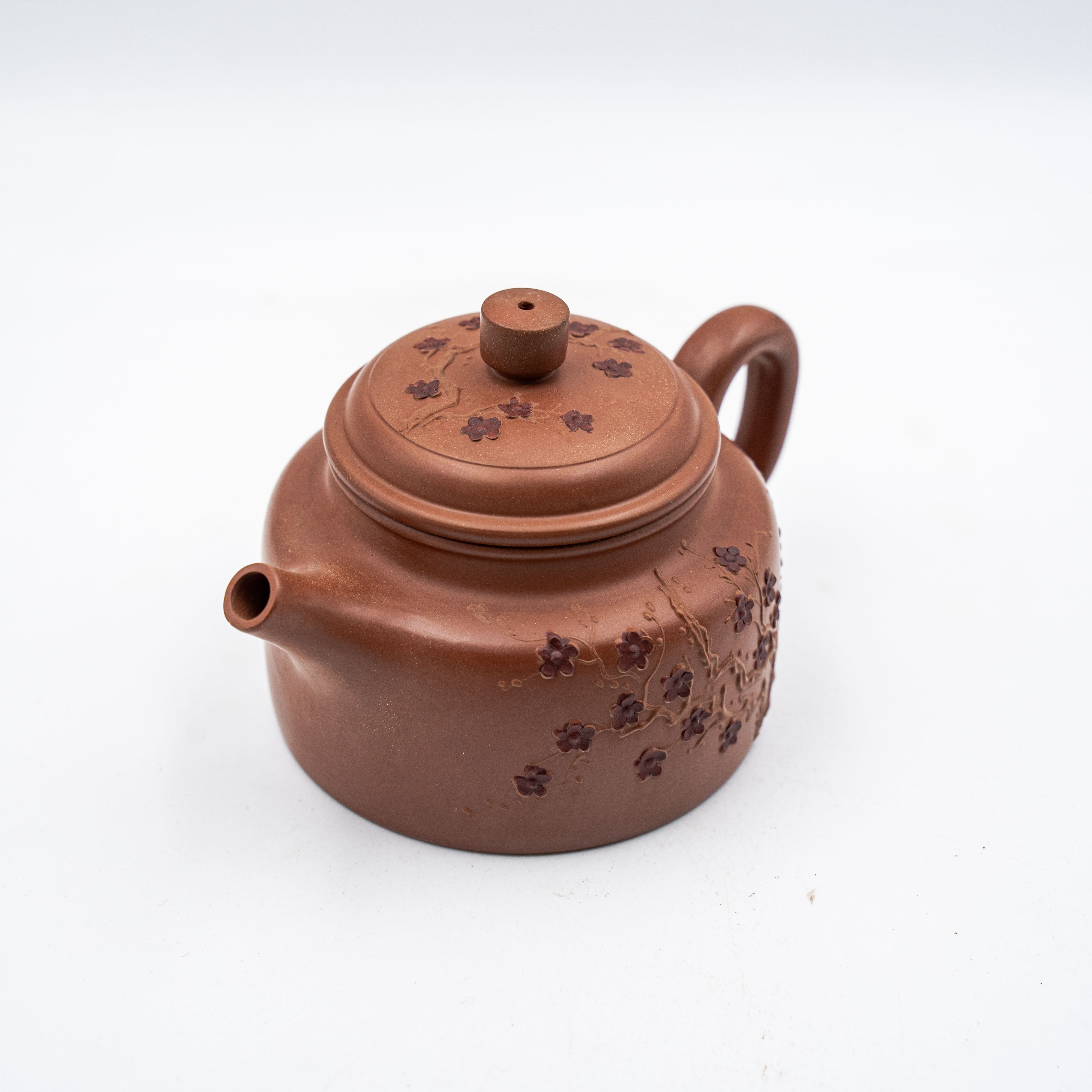 Handcrafted Yixing Zisha Dezhong Teapot, Zhu Clay with Plum Blossom Carving