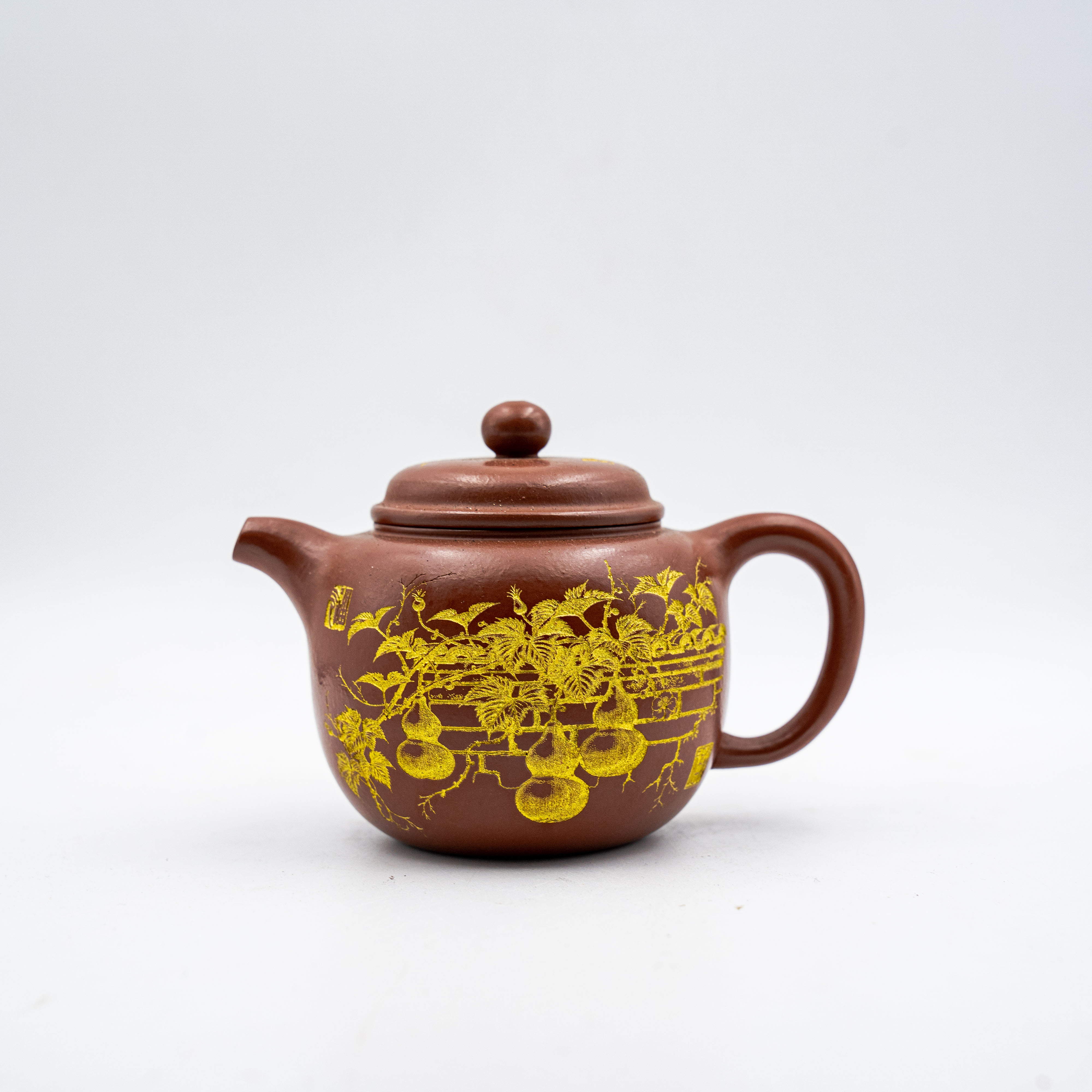 Handcrafted Yixing Zisha Paodun Teapot, Dahuangpao Clay with Mud-Painted Gourd Motif