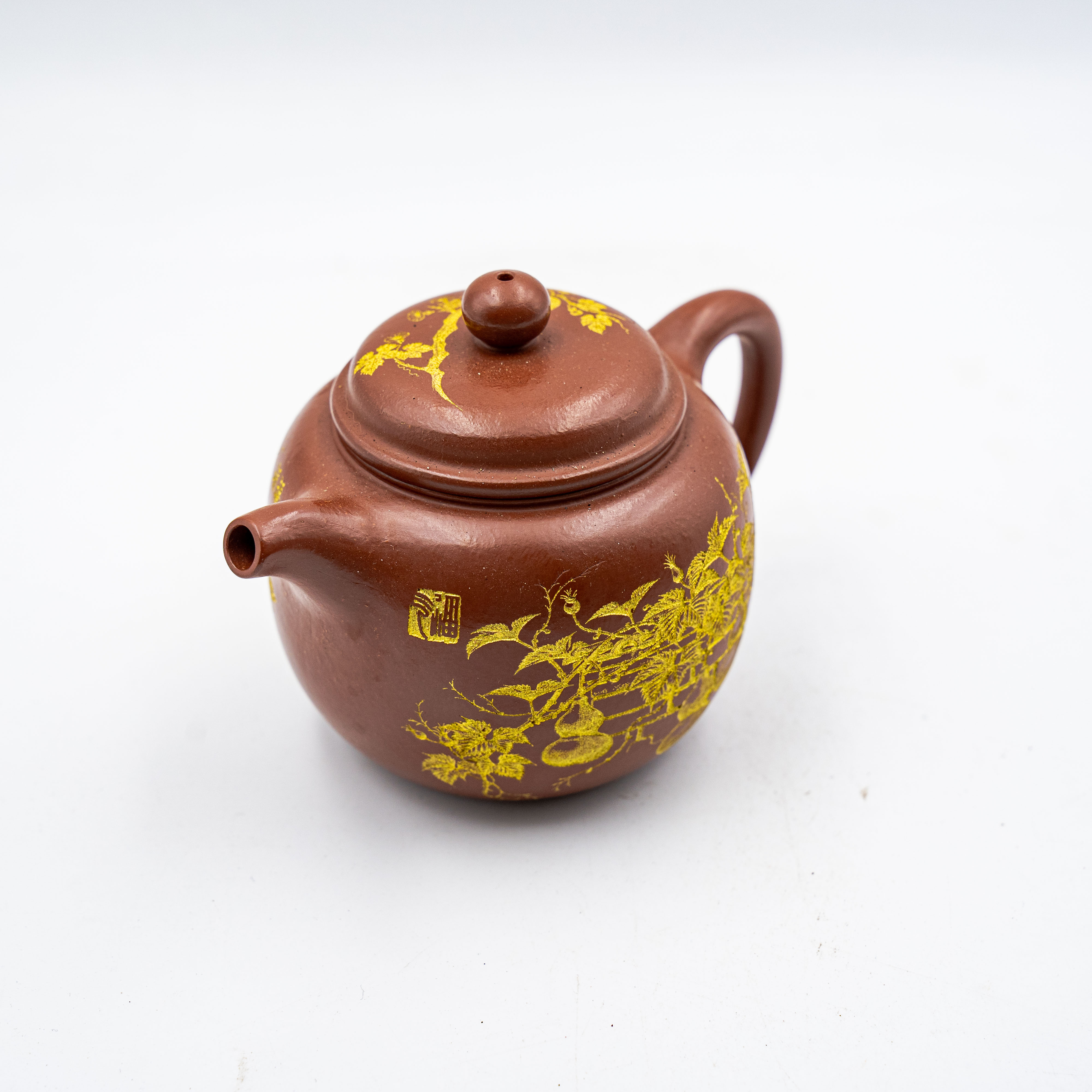 Handcrafted Yixing Zisha Paodun Teapot, Dahuangpao Clay with Mud-Painted Gourd Motif