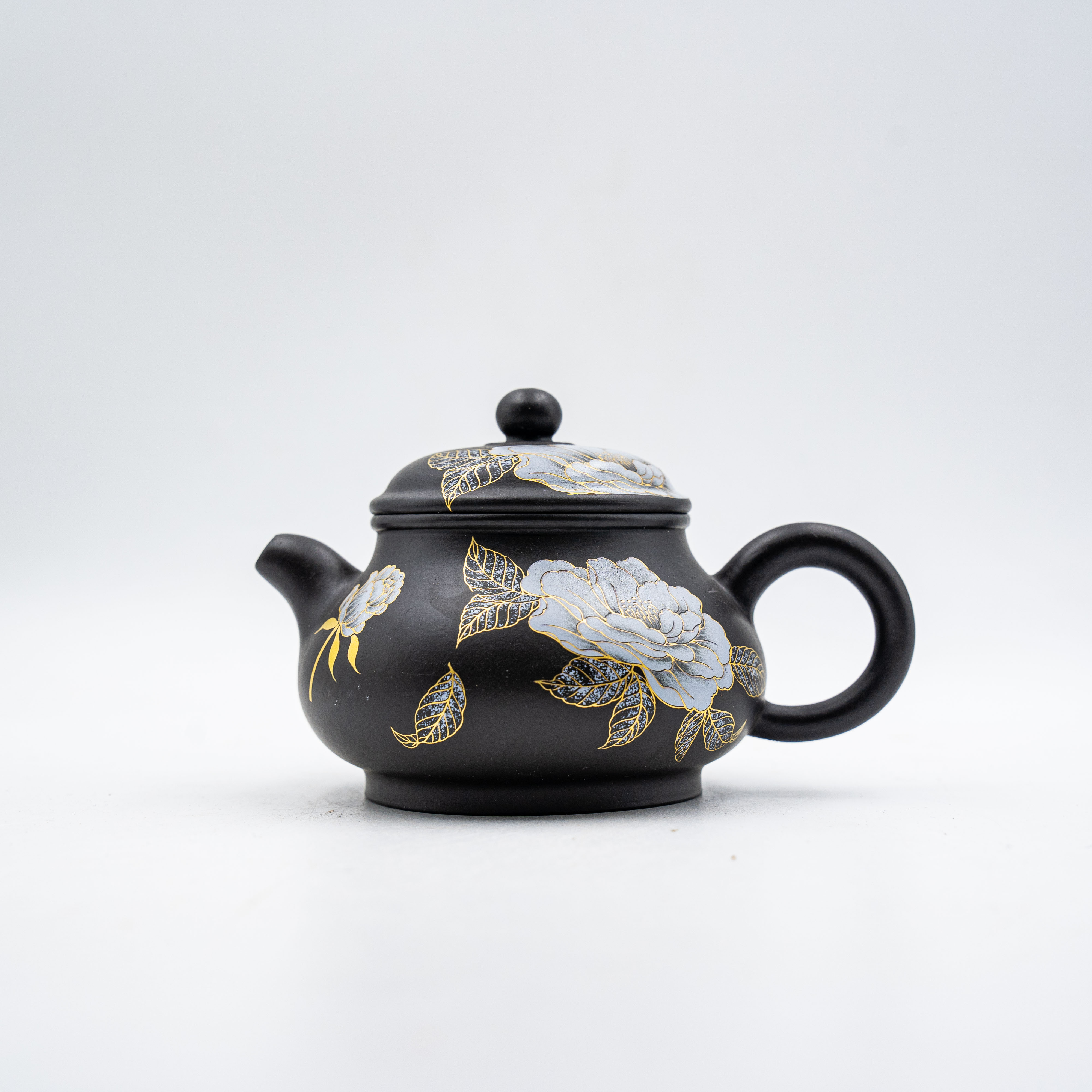 Handcrafted Yixing Heini Clay Pan Teapot with Gold-Painted Peony