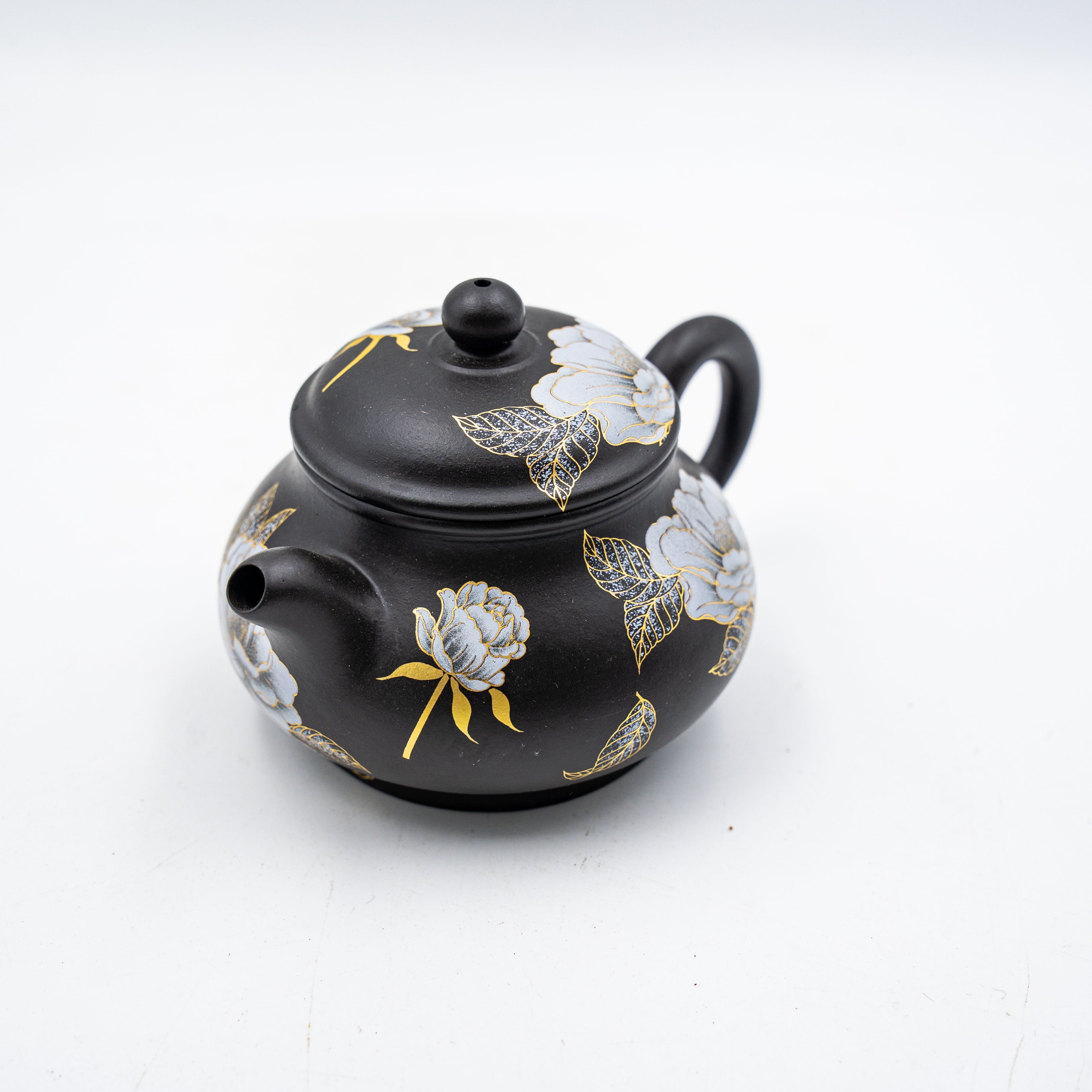 Handcrafted Yixing Heini Clay Pan Teapot with Gold-Painted Peony