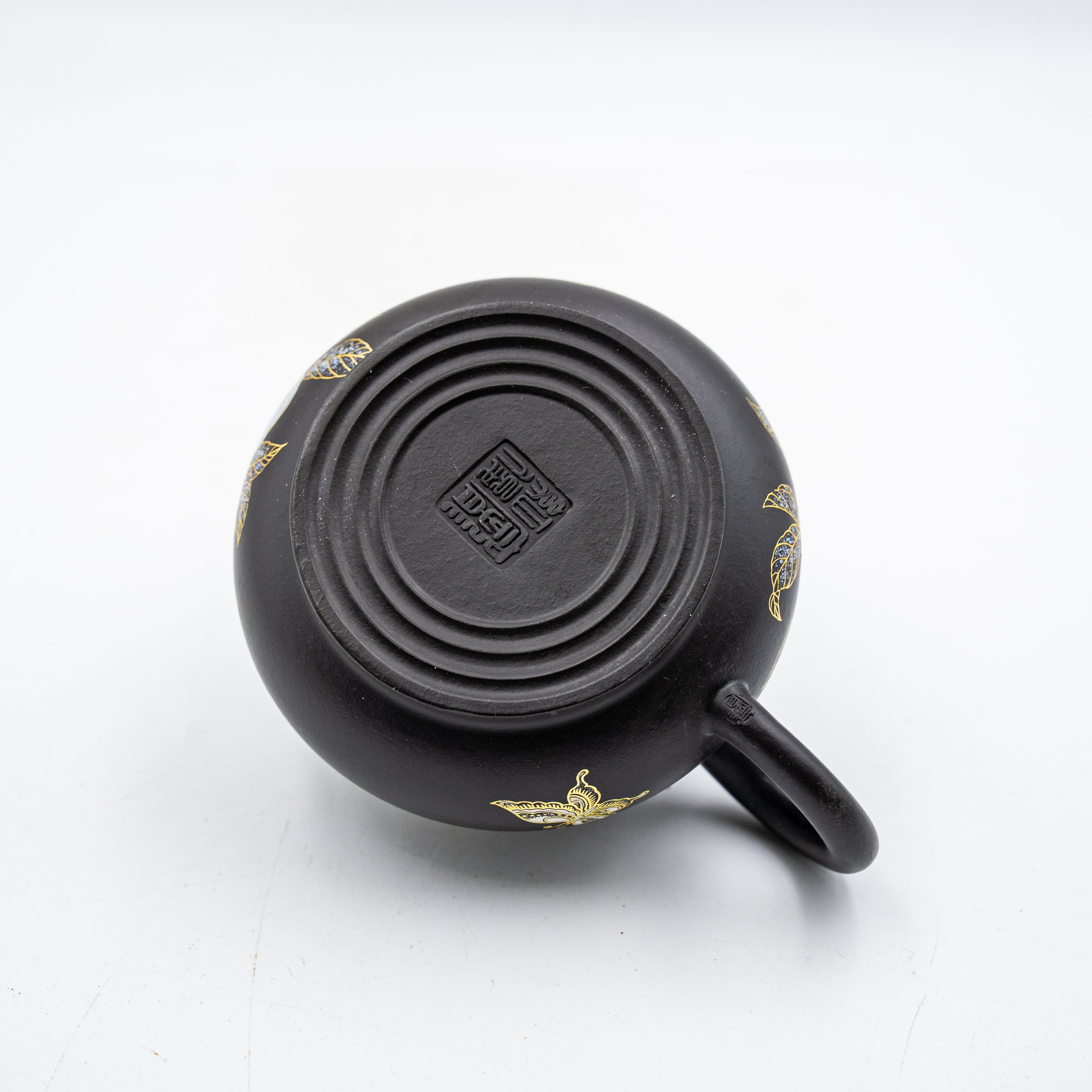 Handcrafted Yixing Heini Clay Pan Teapot with Gold-Painted Peony