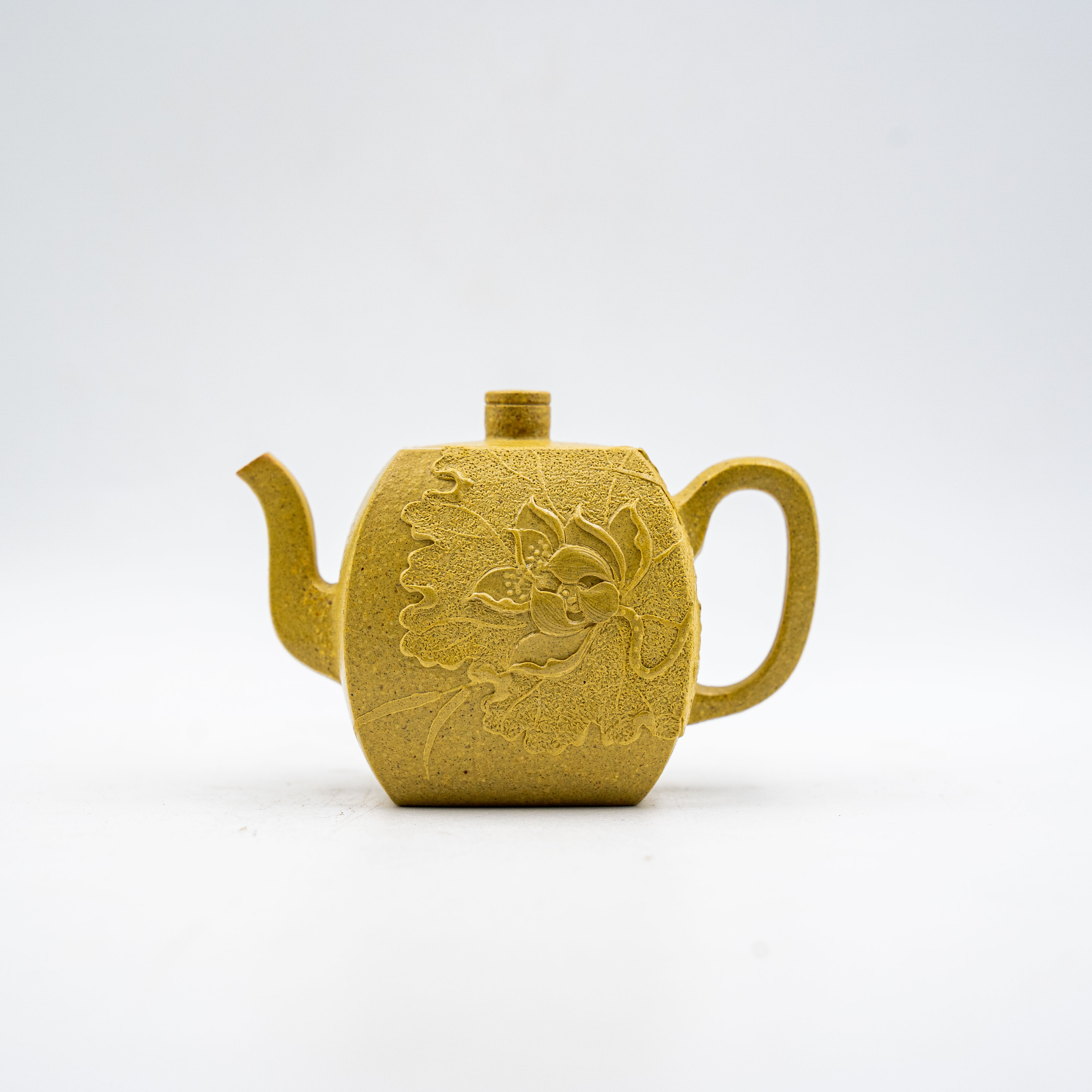 Handcrafted Yixing Zisha Mud-Painted Fangsi Teapot, Golden Duan Clay with Lotus Motif