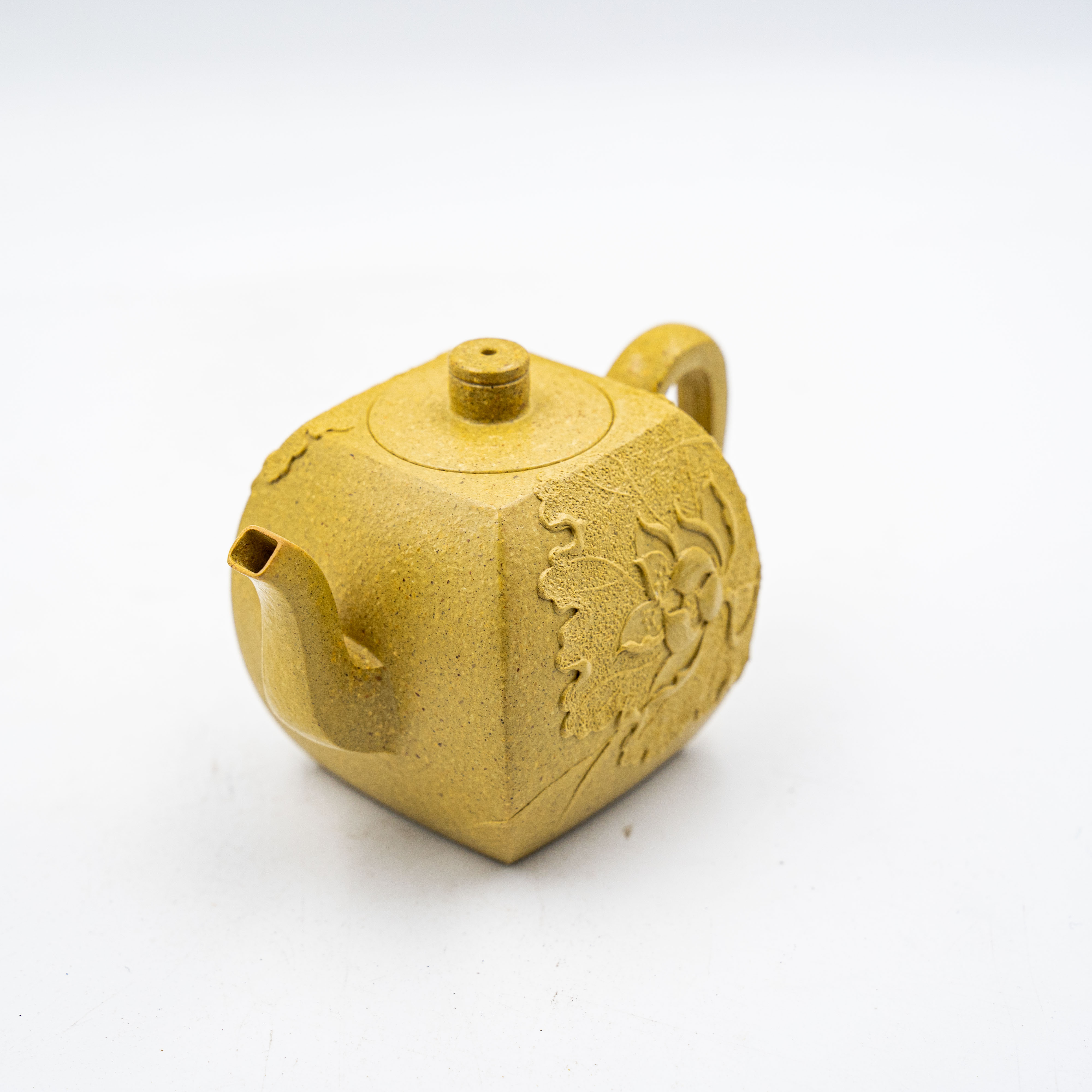 Handcrafted Yixing Zisha Mud-Painted Fangsi Teapot, Golden Duan Clay with Lotus Motif
