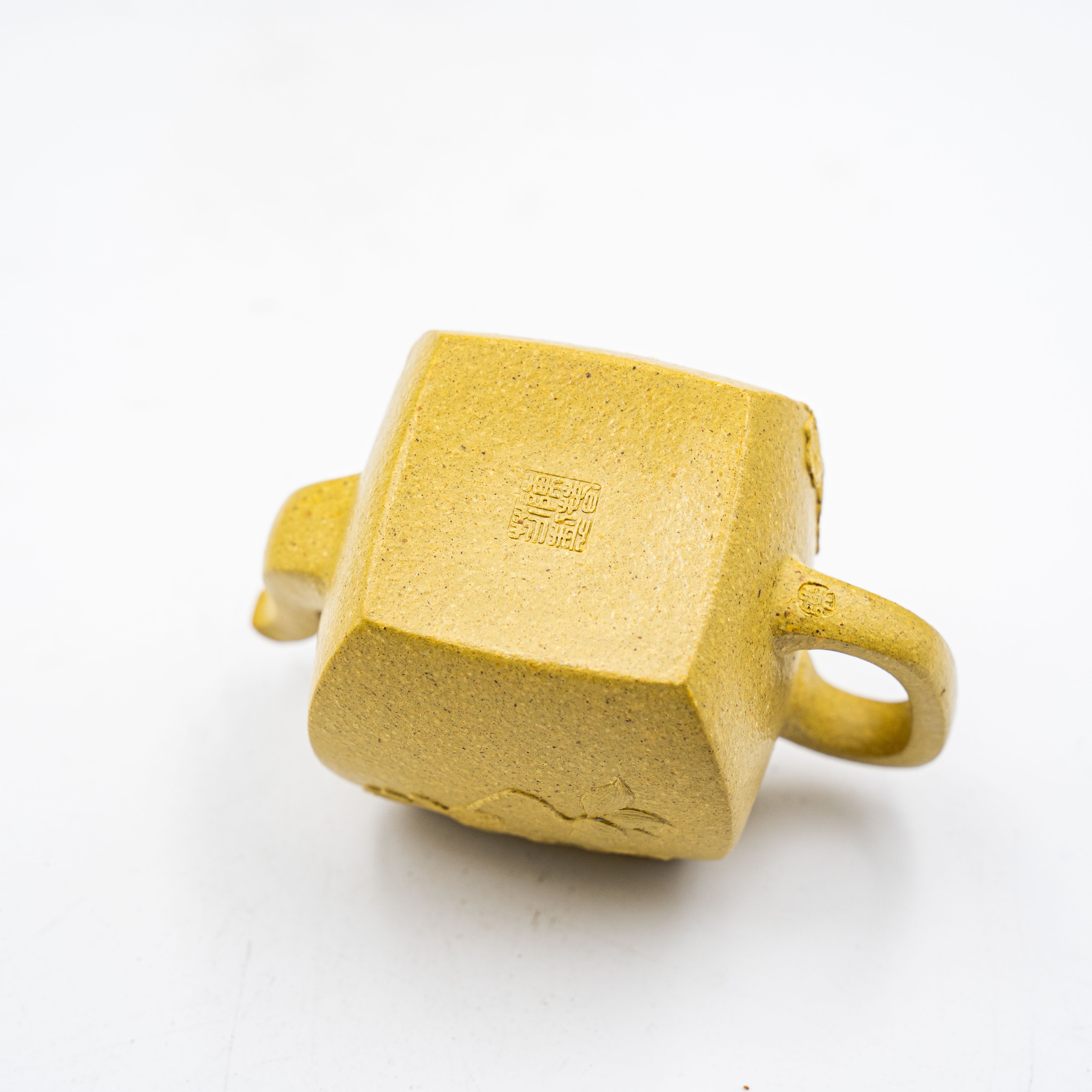 Handcrafted Yixing Zisha Mud-Painted Fangsi Teapot, Golden Duan Clay with Lotus Motif