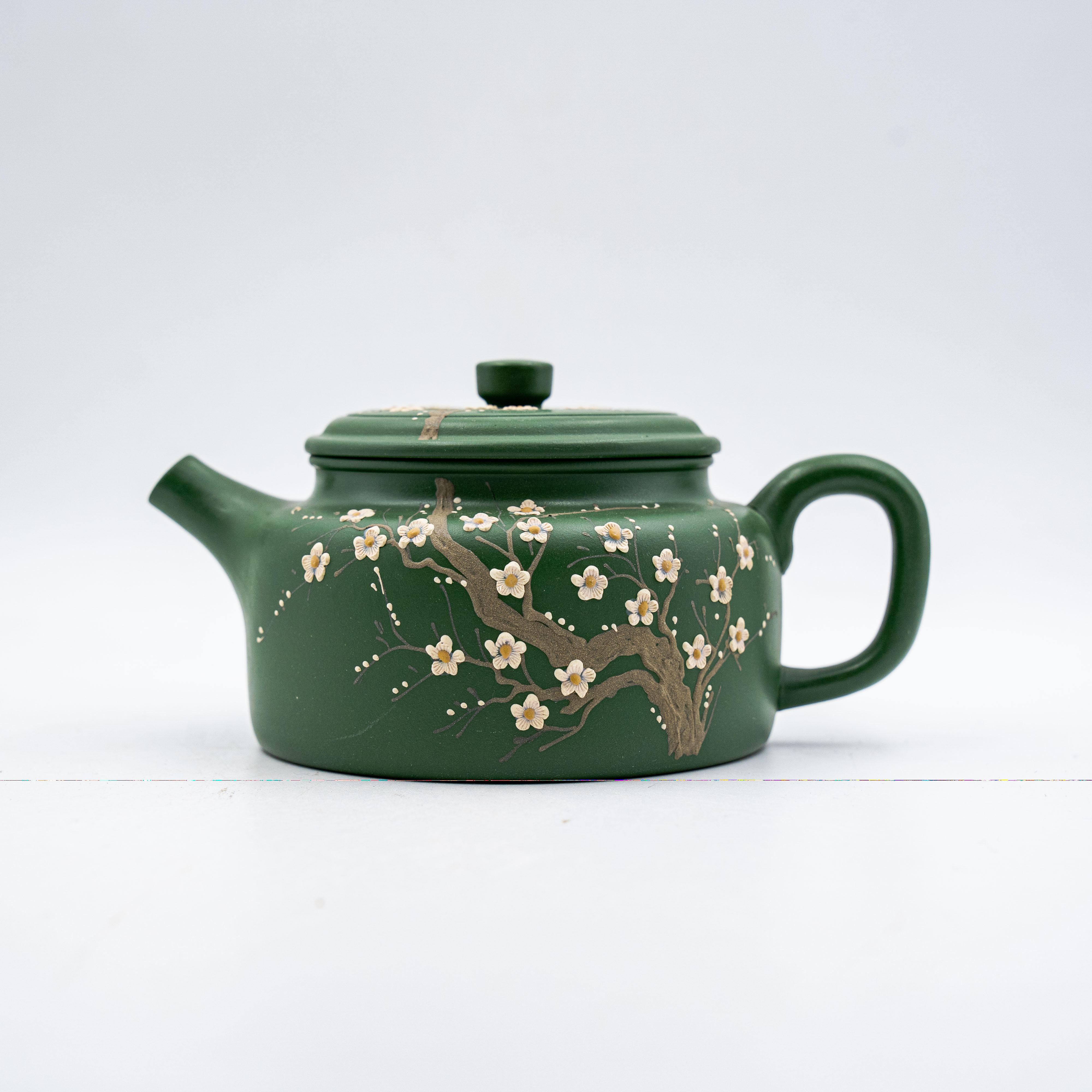 Handcrafted Yixing Zisha Dezhong Teapot with Plum Blossom Motif, Green Clay