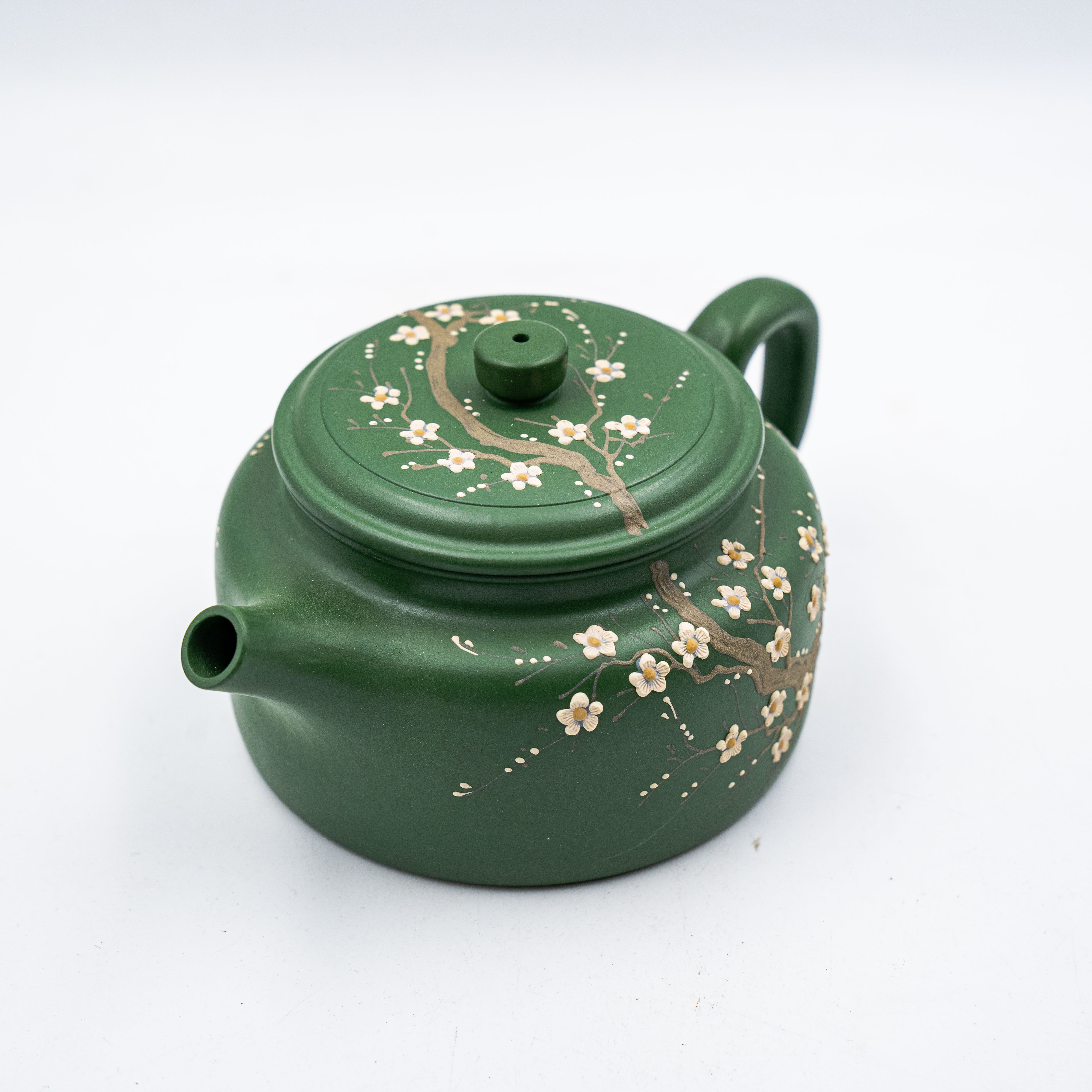 Handcrafted Yixing Zisha Dezhong Teapot with Plum Blossom Motif, Green Clay