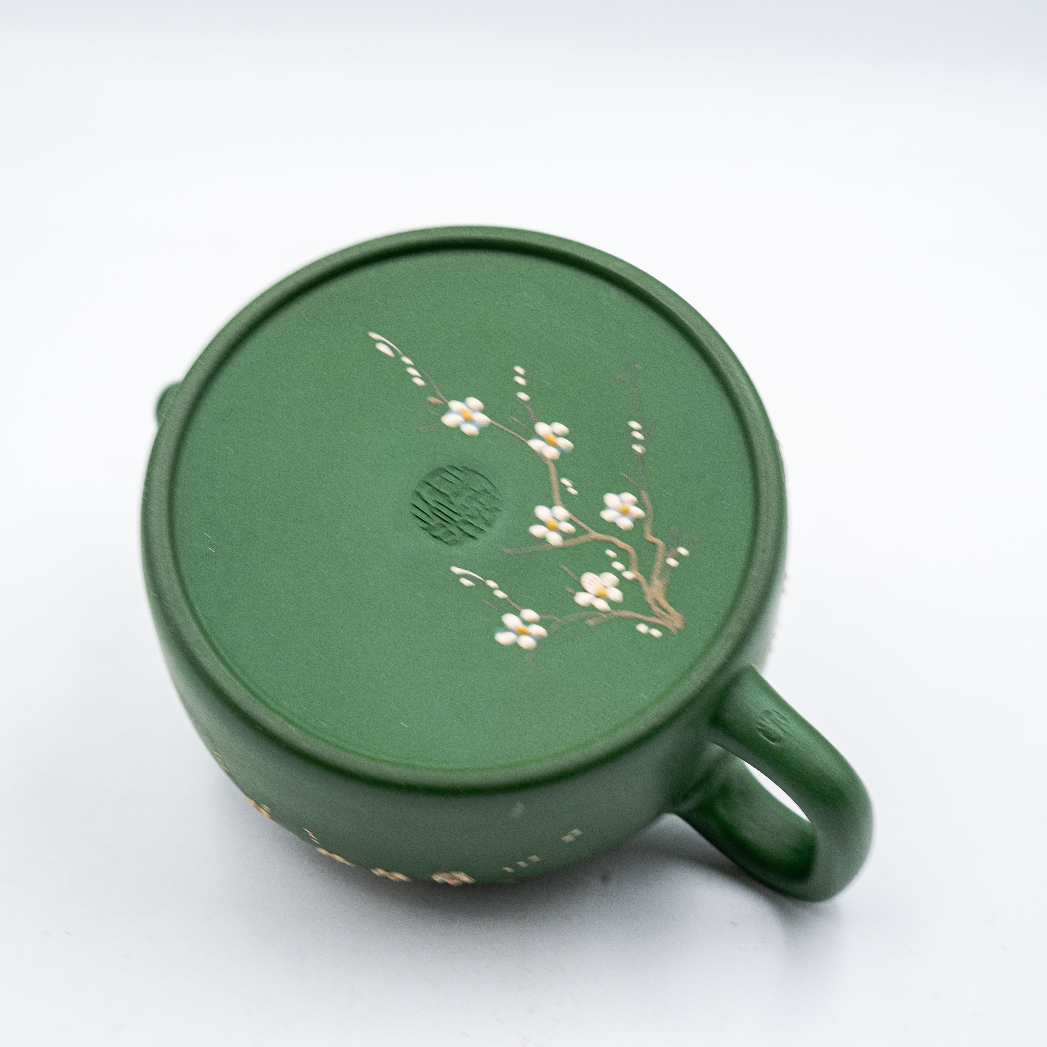 Handcrafted Yixing Zisha Dezhong Teapot with Plum Blossom Motif, Green Clay