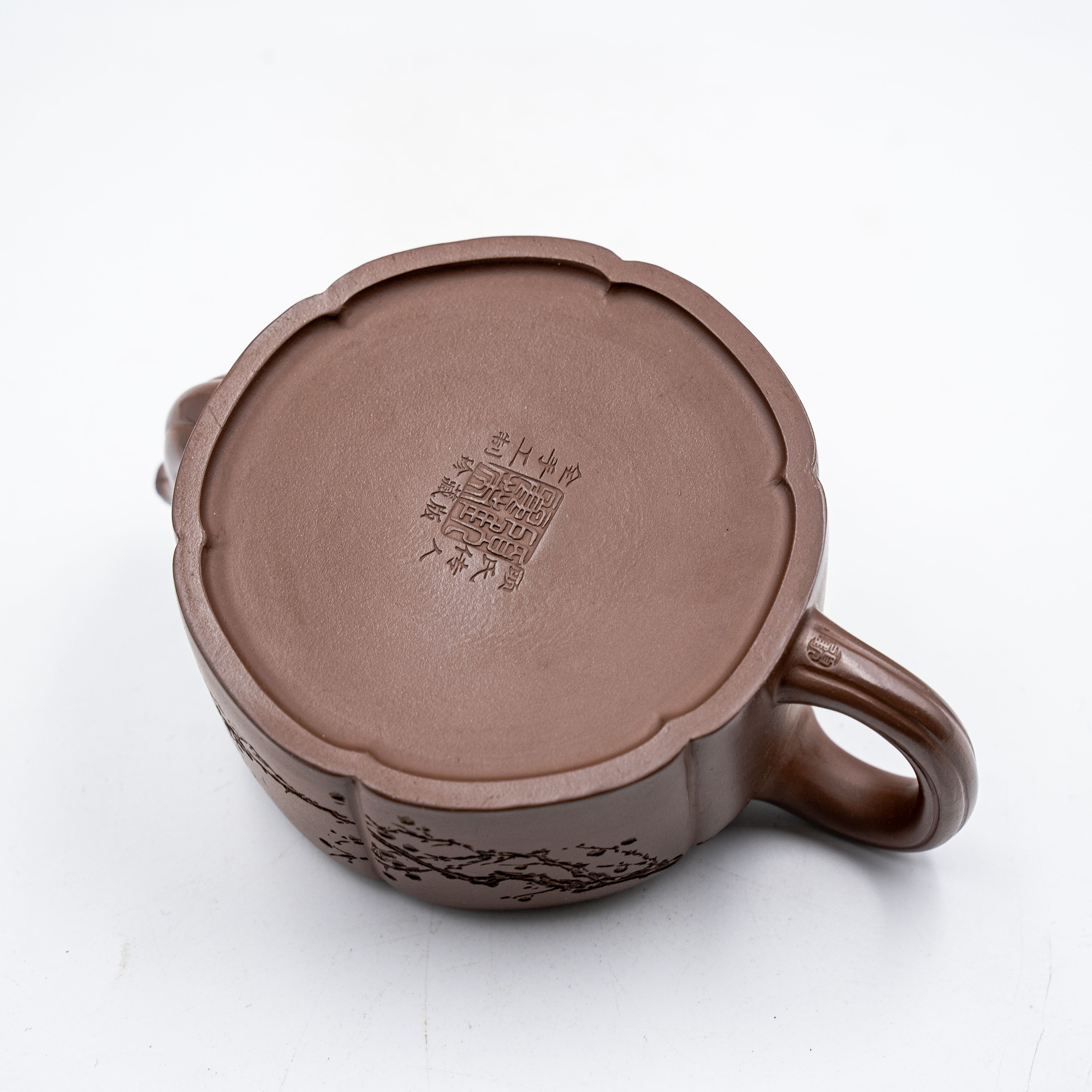 Handcrafted Yixing Zisha Clay Plum Blossom Zhoupan Teapot with Carved Design