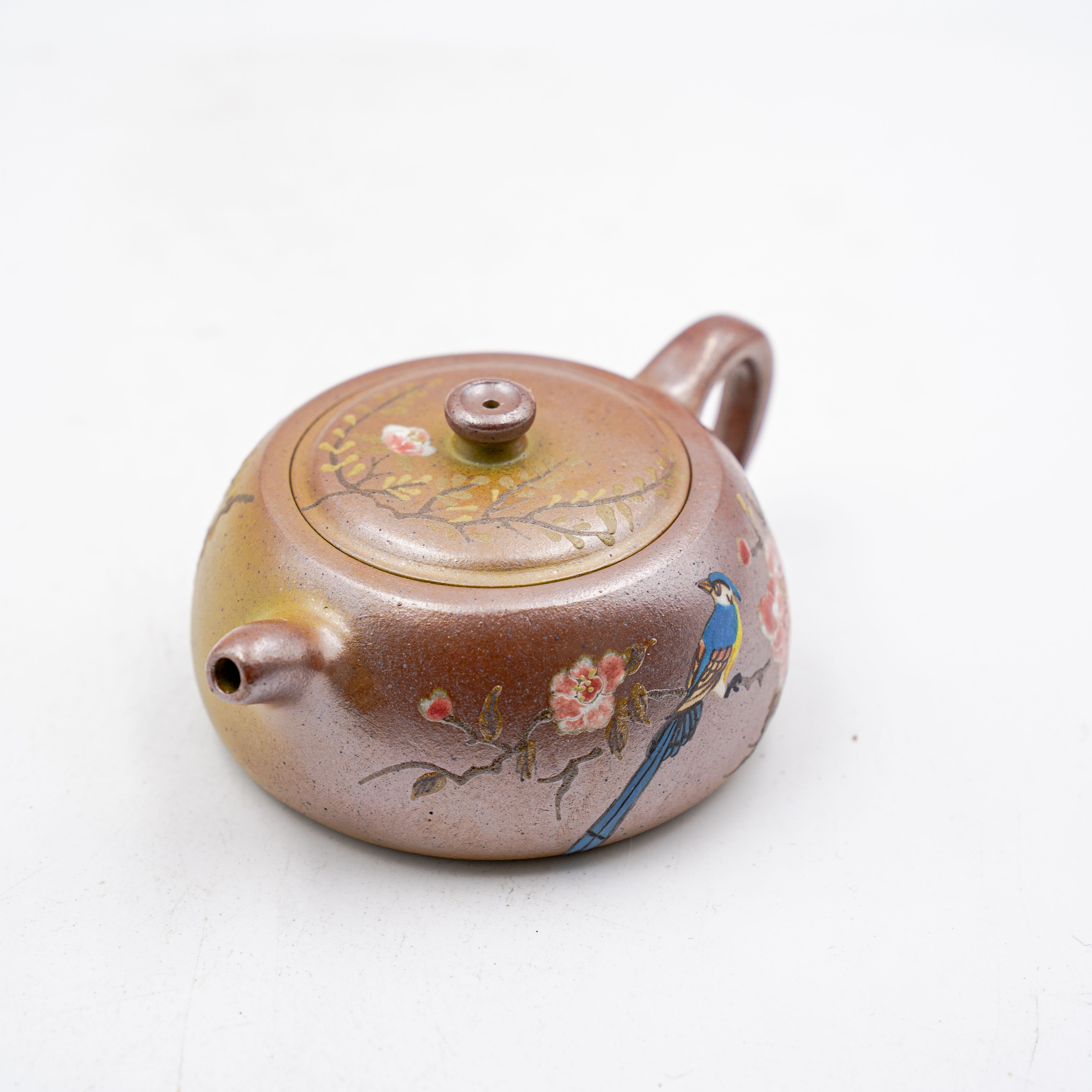 Handcrafted Yixing Zisha Clay Jinglan Teapot with Mud-Painted Floral and Bird Design, High-Temperature Fired