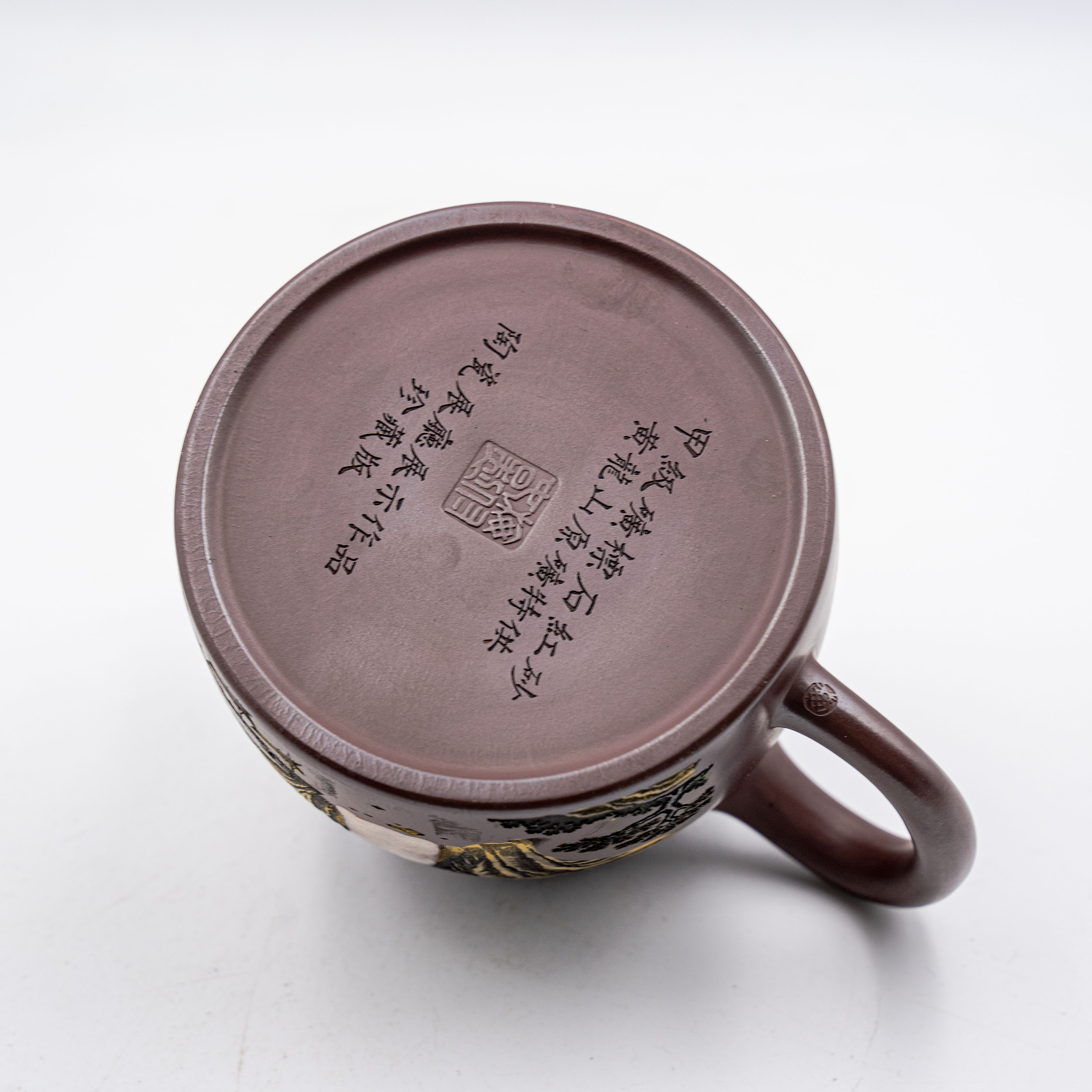 Handcrafted Yixing Zisha Handuo Teapot, Purple Clay with Immortal Mountain & Pavilion Motif