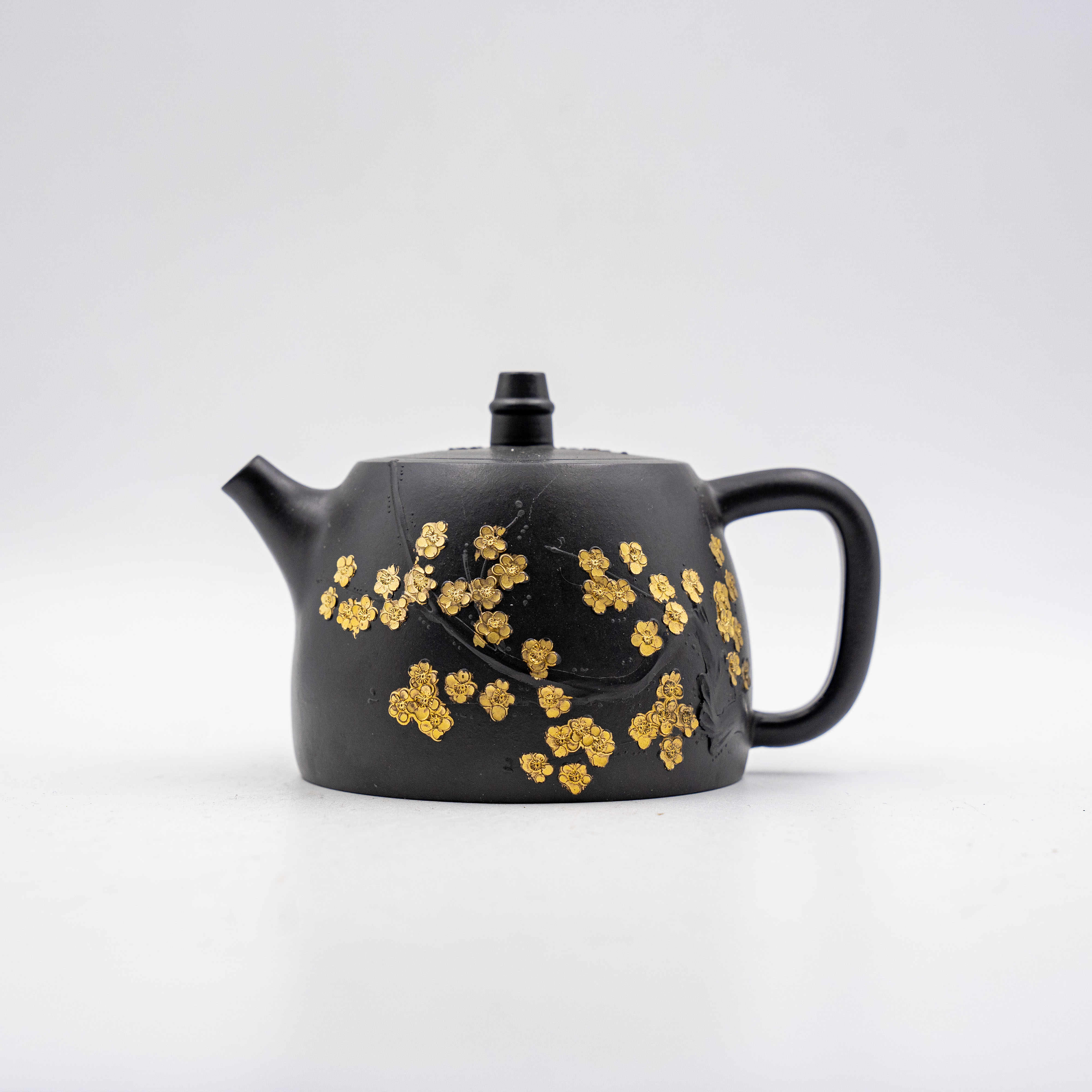Handcrafted Yixing Zisha Handuo Teapot, Black Clay with Gold-Plated Plum Blossom Motif