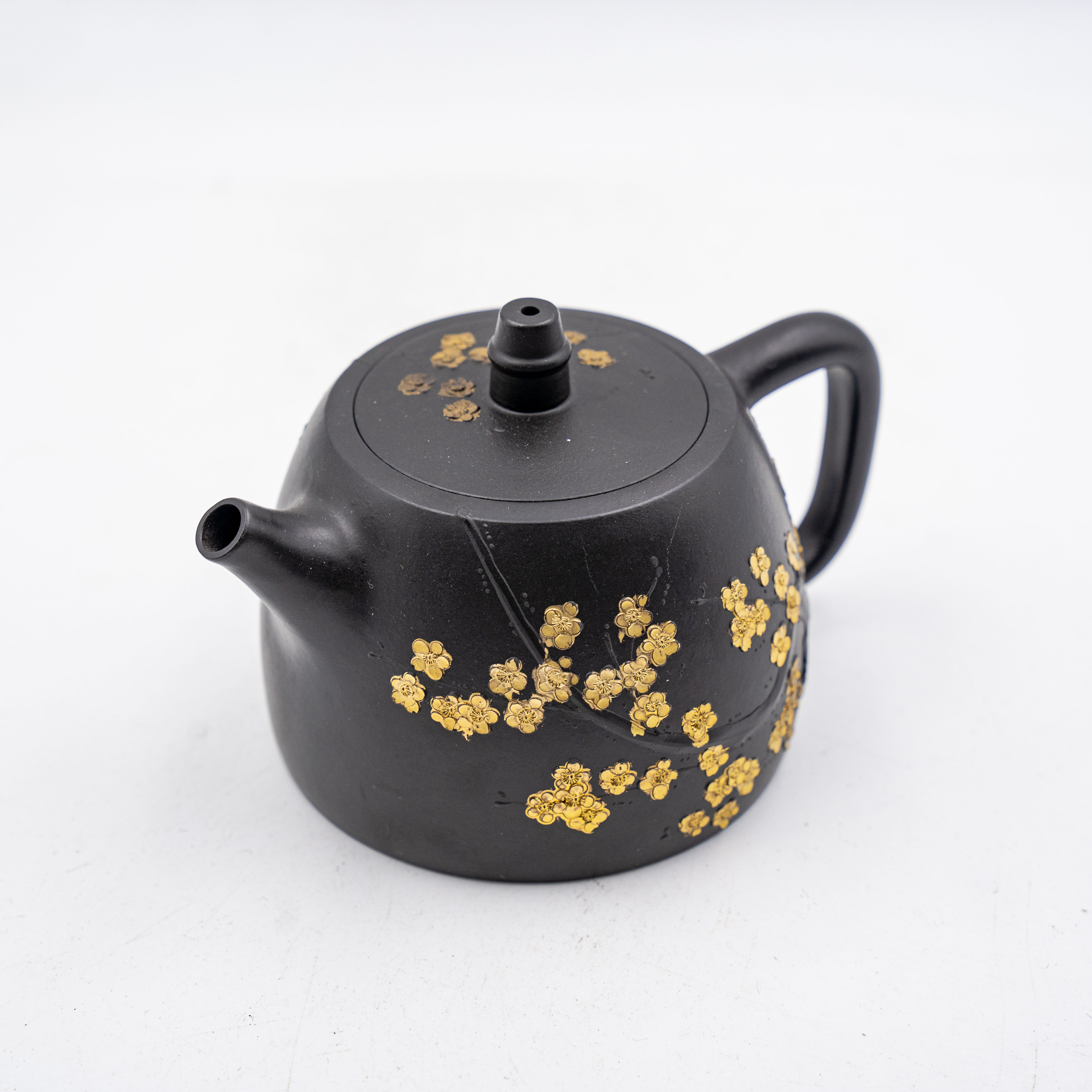 Handcrafted Yixing Zisha Handuo Teapot, Black Clay with Gold-Plated Plum Blossom Motif