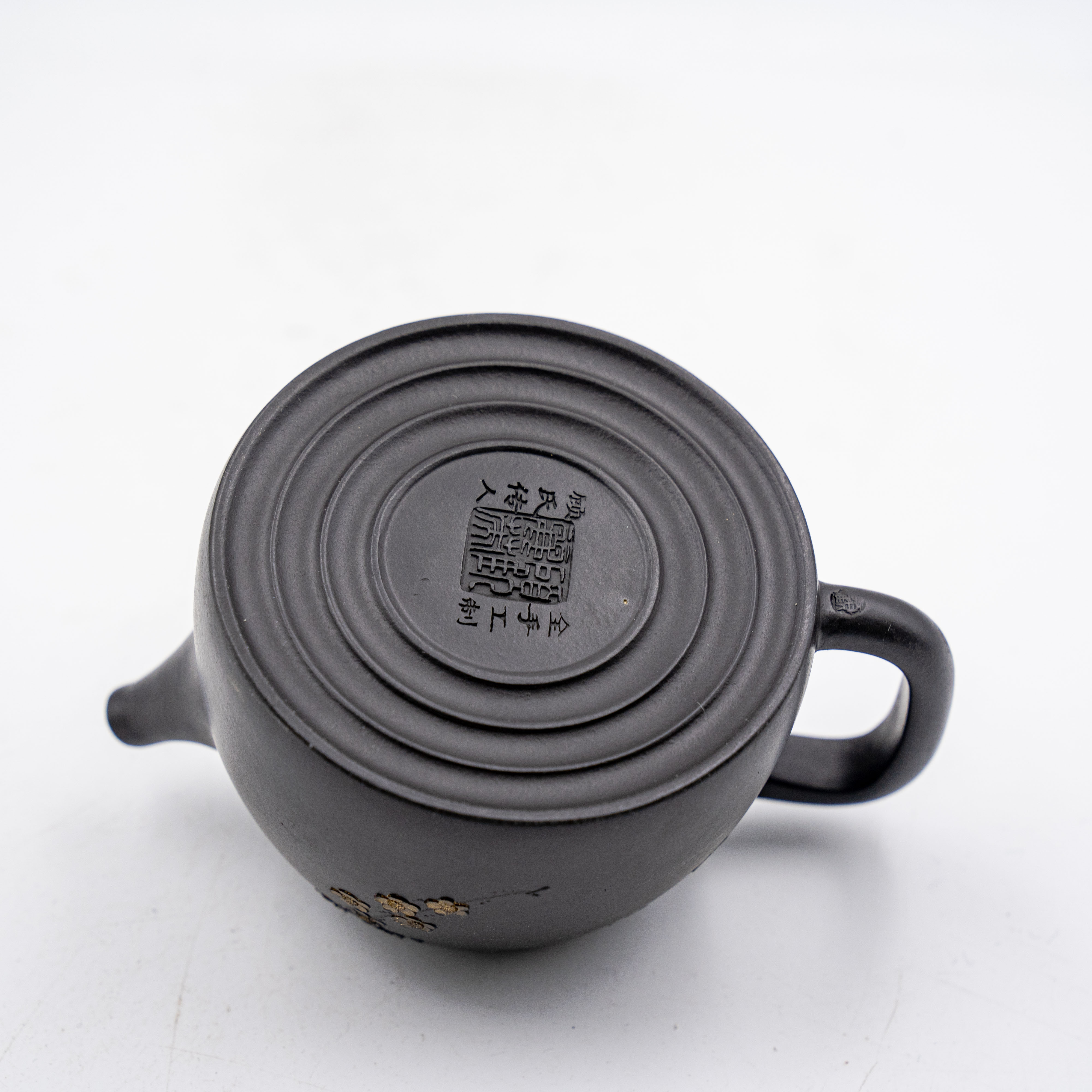 Handcrafted Yixing Zisha Handuo Teapot, Black Clay with Gold-Plated Plum Blossom Motif