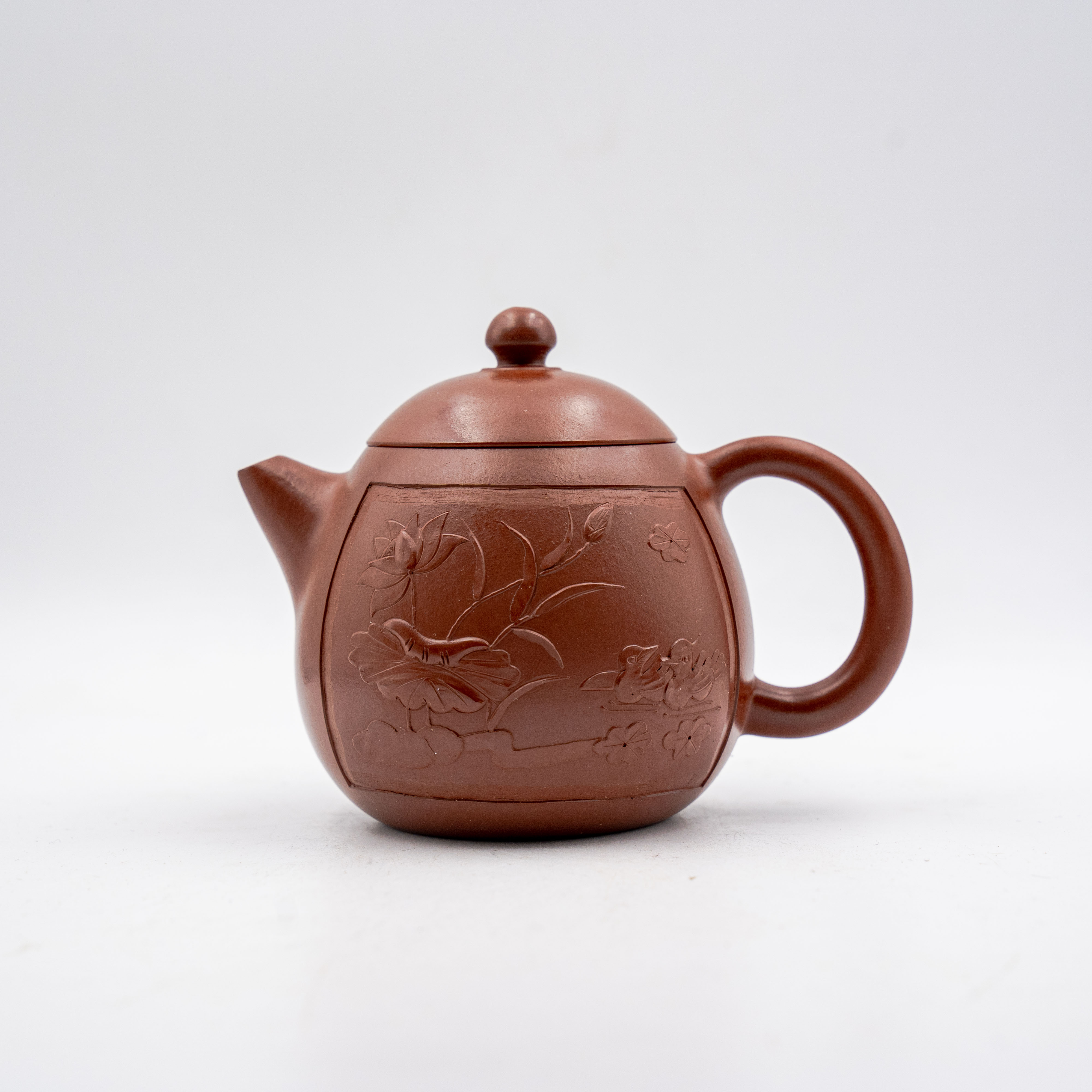 Handcrafted Yixing Zisha Longdan Teapot, Original Mine Da Hong Pao Clay with Lotus & Butterfly Motif