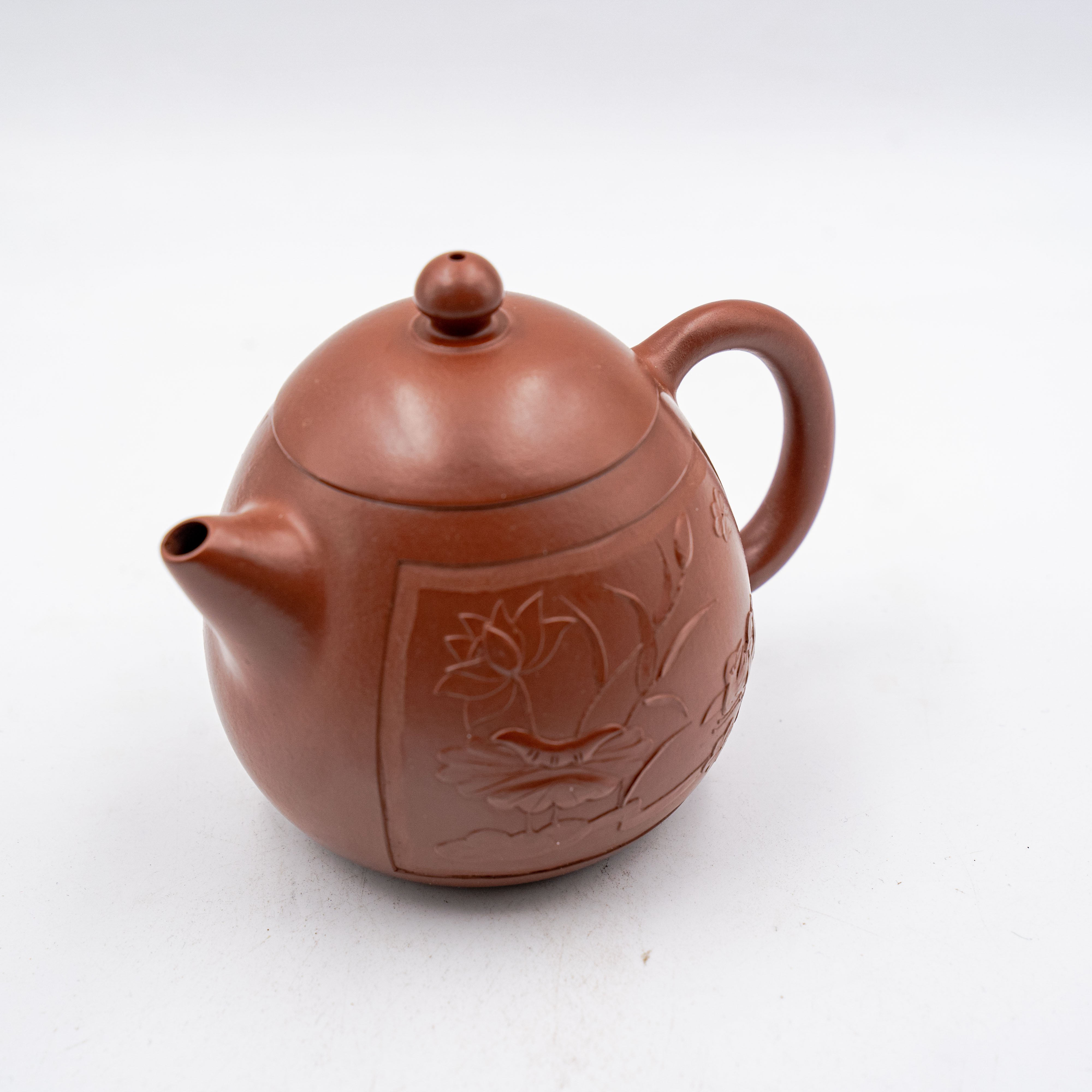 Handcrafted Yixing Zisha Longdan Teapot, Original Mine Da Hong Pao Clay with Lotus & Butterfly Motif