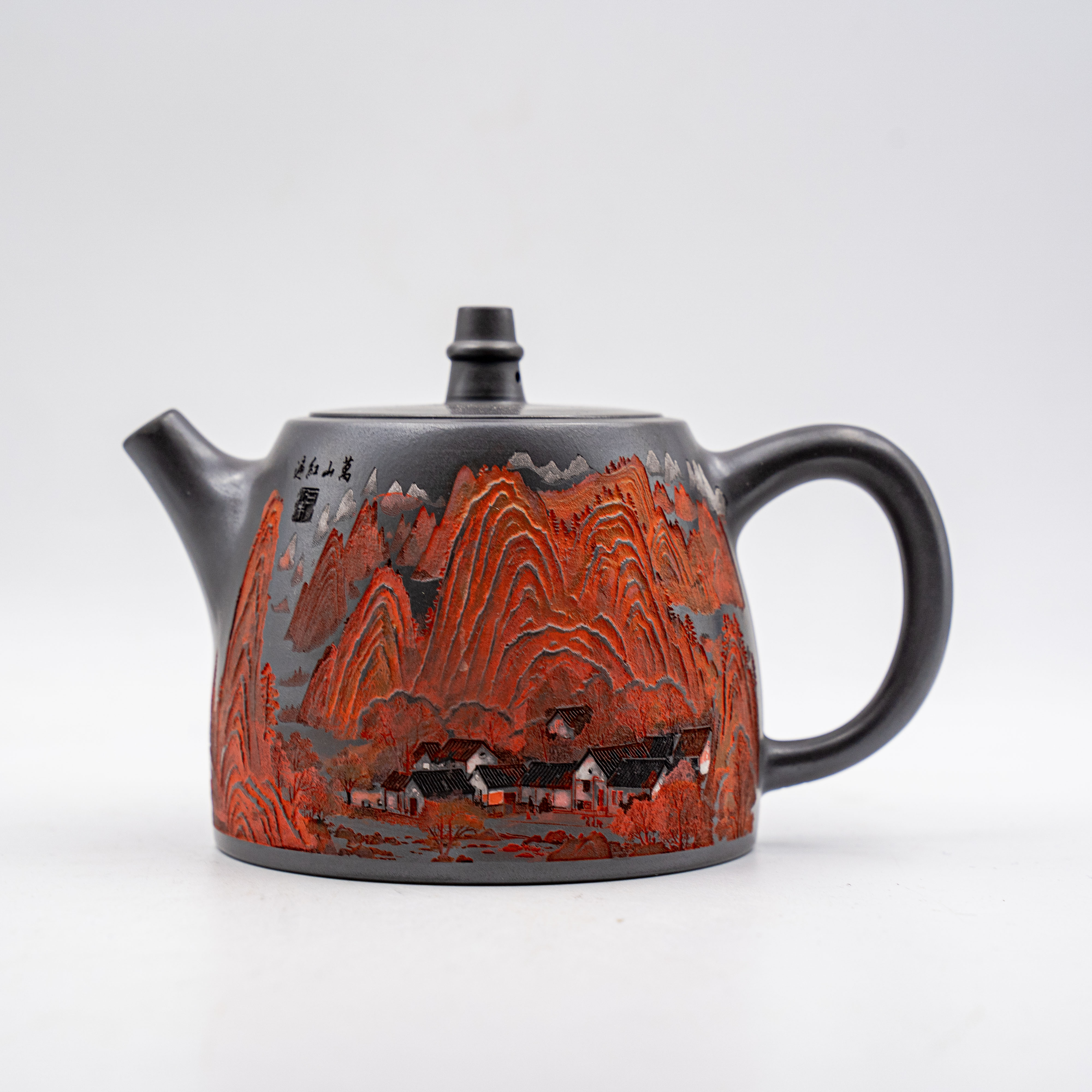 Handcrafted Yixing Zisha Han Duo Teapot with "Myriad Mountains in Red" Motif, Shi Huang Clay