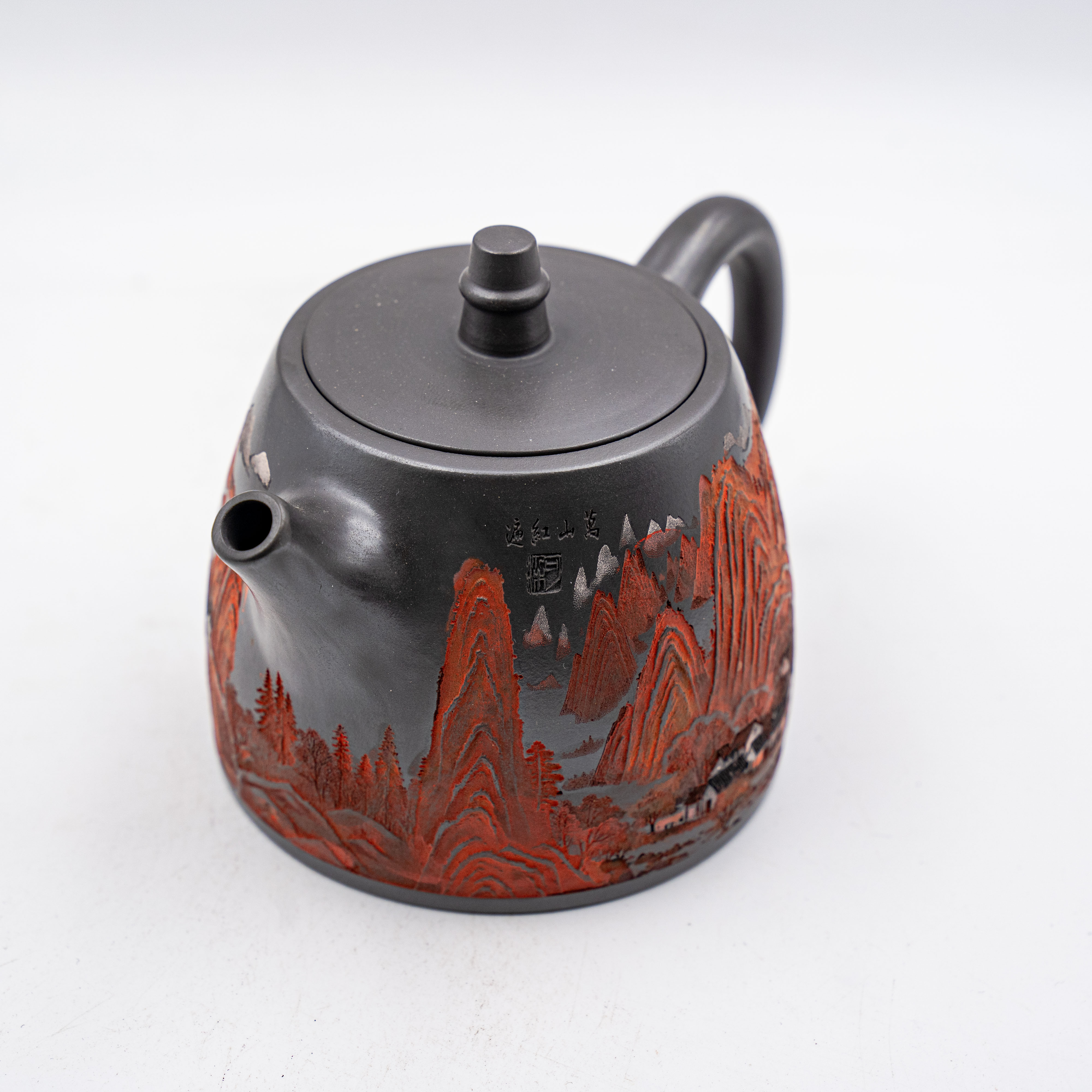 Handcrafted Yixing Zisha Han Duo Teapot with "Myriad Mountains in Red" Motif, Shi Huang Clay
