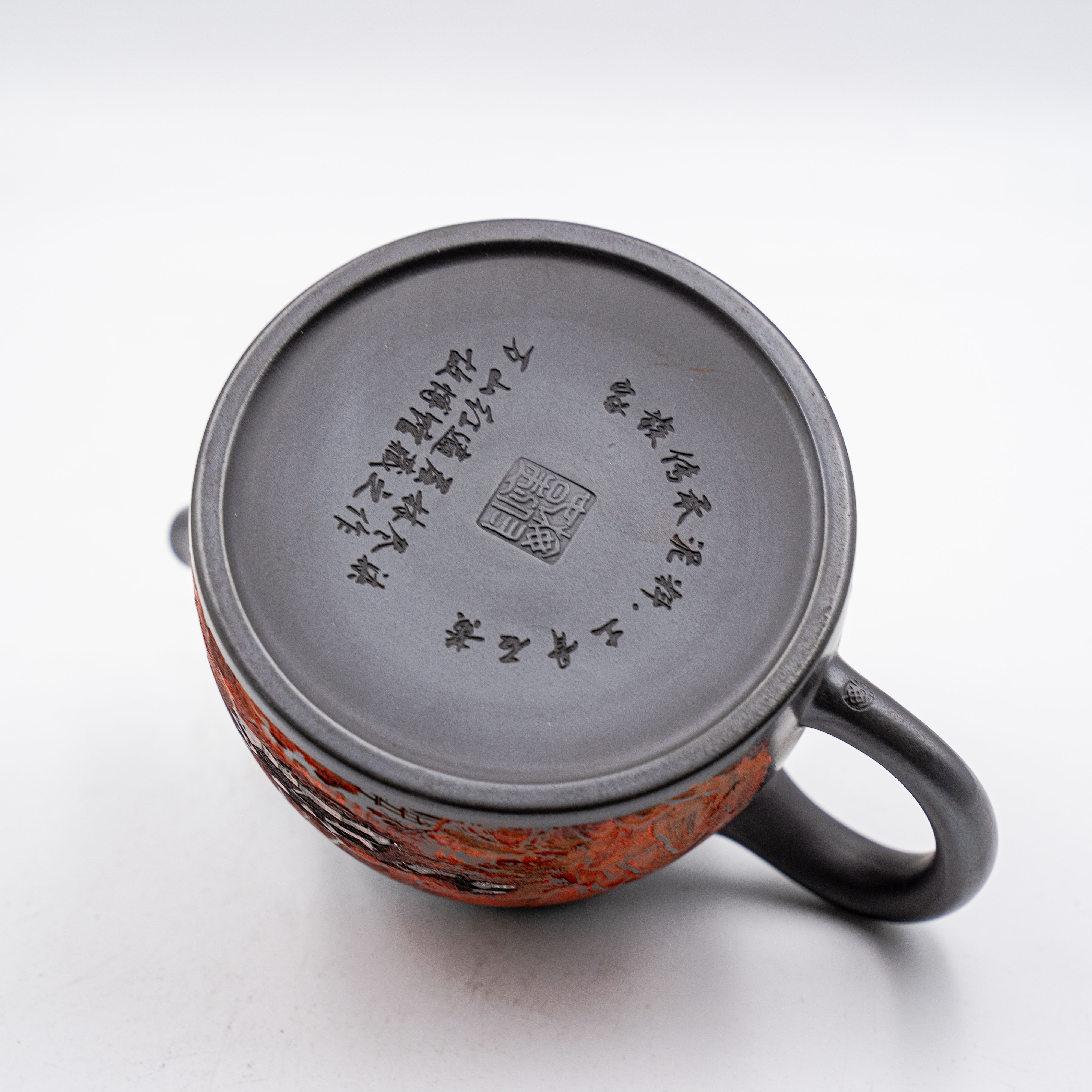 Handcrafted Yixing Zisha Han Duo Teapot with "Myriad Mountains in Red" Motif, Shi Huang Clay