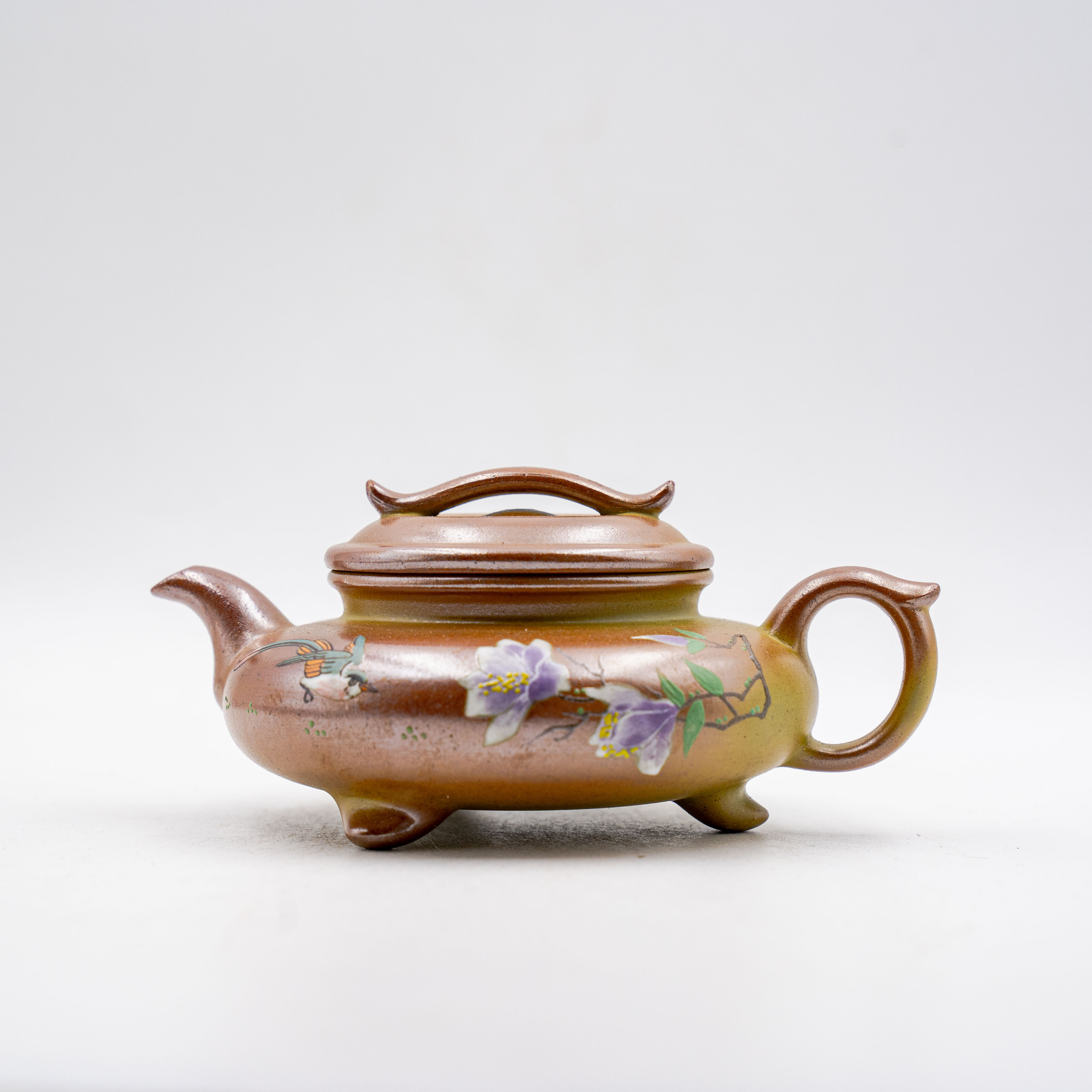 Handcrafted Yixing Zisha Sanzu Ruyi Piao Teapot, Wood-Fired Duan Clay with Bird & Flower Motif