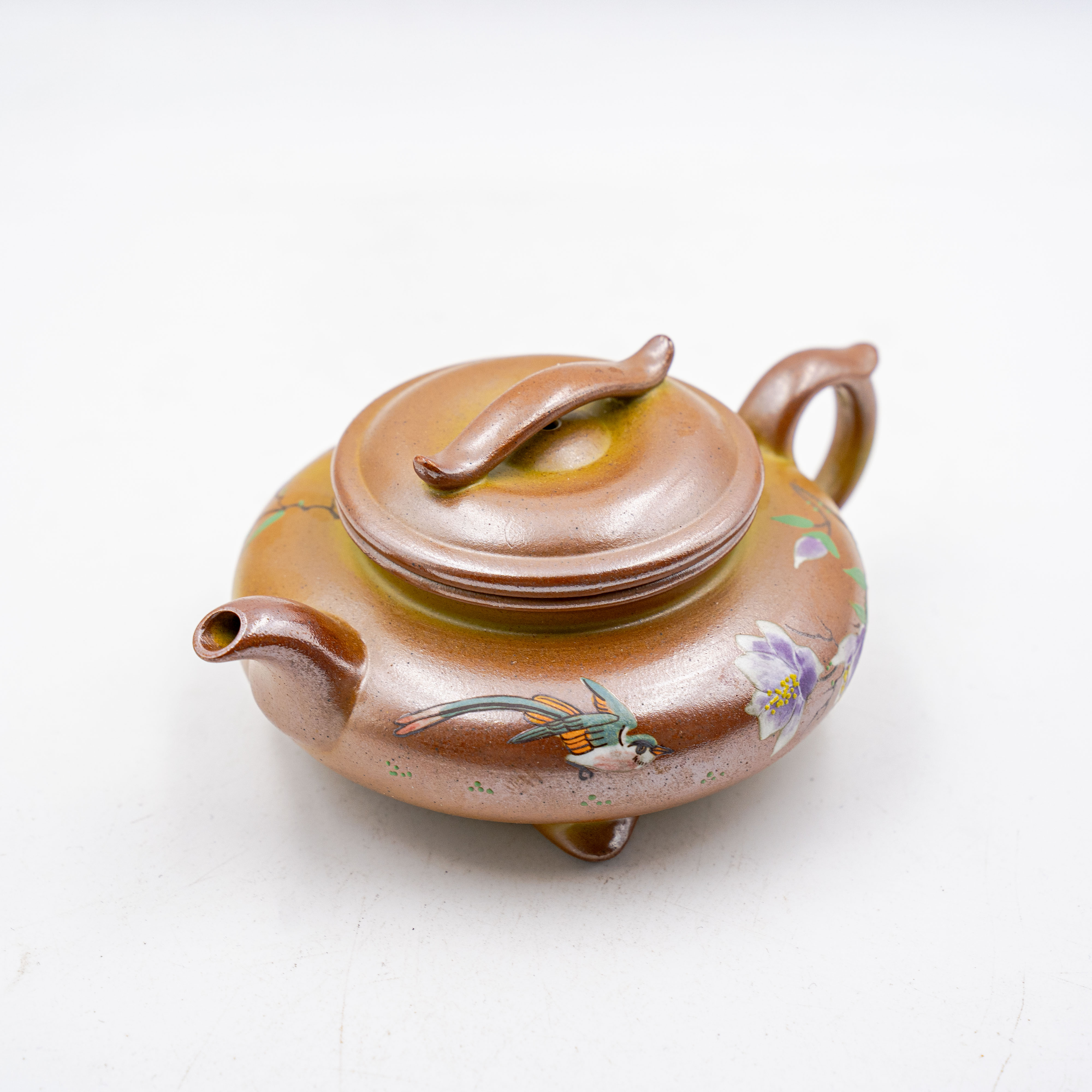 Handcrafted Yixing Zisha Sanzu Ruyi Piao Teapot, Wood-Fired Duan Clay with Bird & Flower Motif