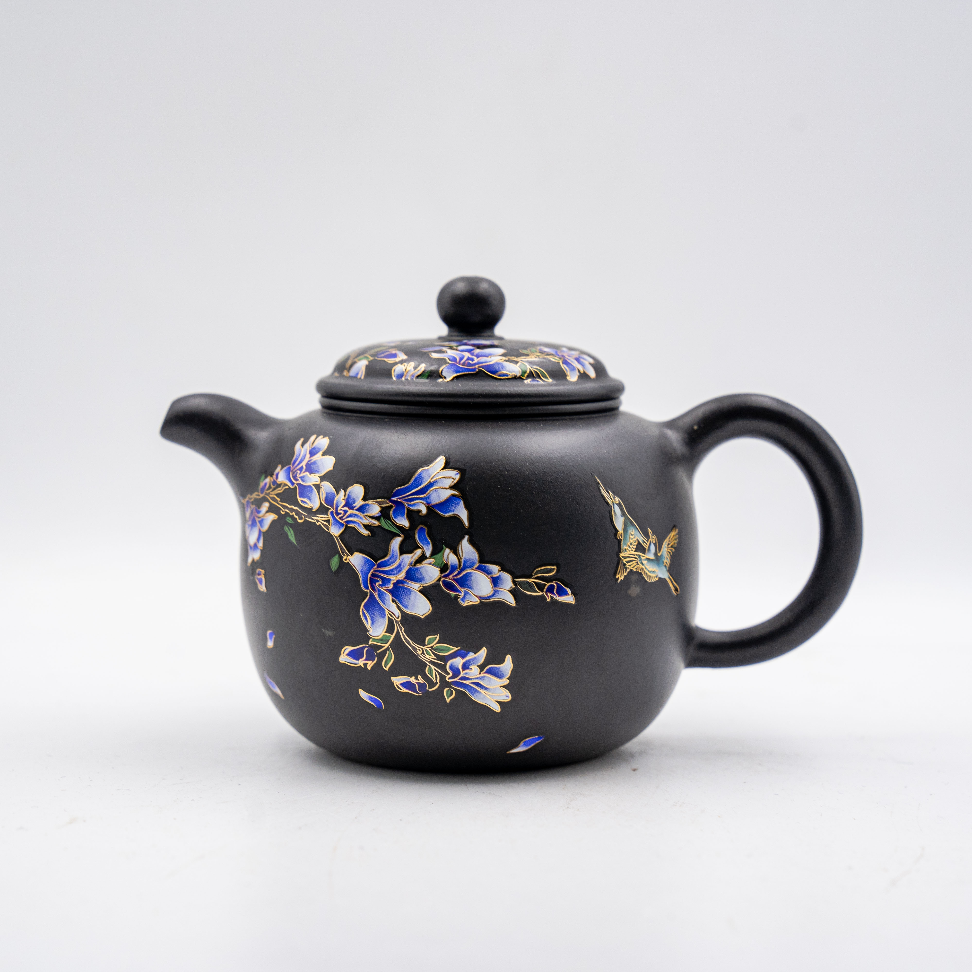 Handcrafted Yixing Heini Clay Paohun Teapot with Enamel Painted Flowers