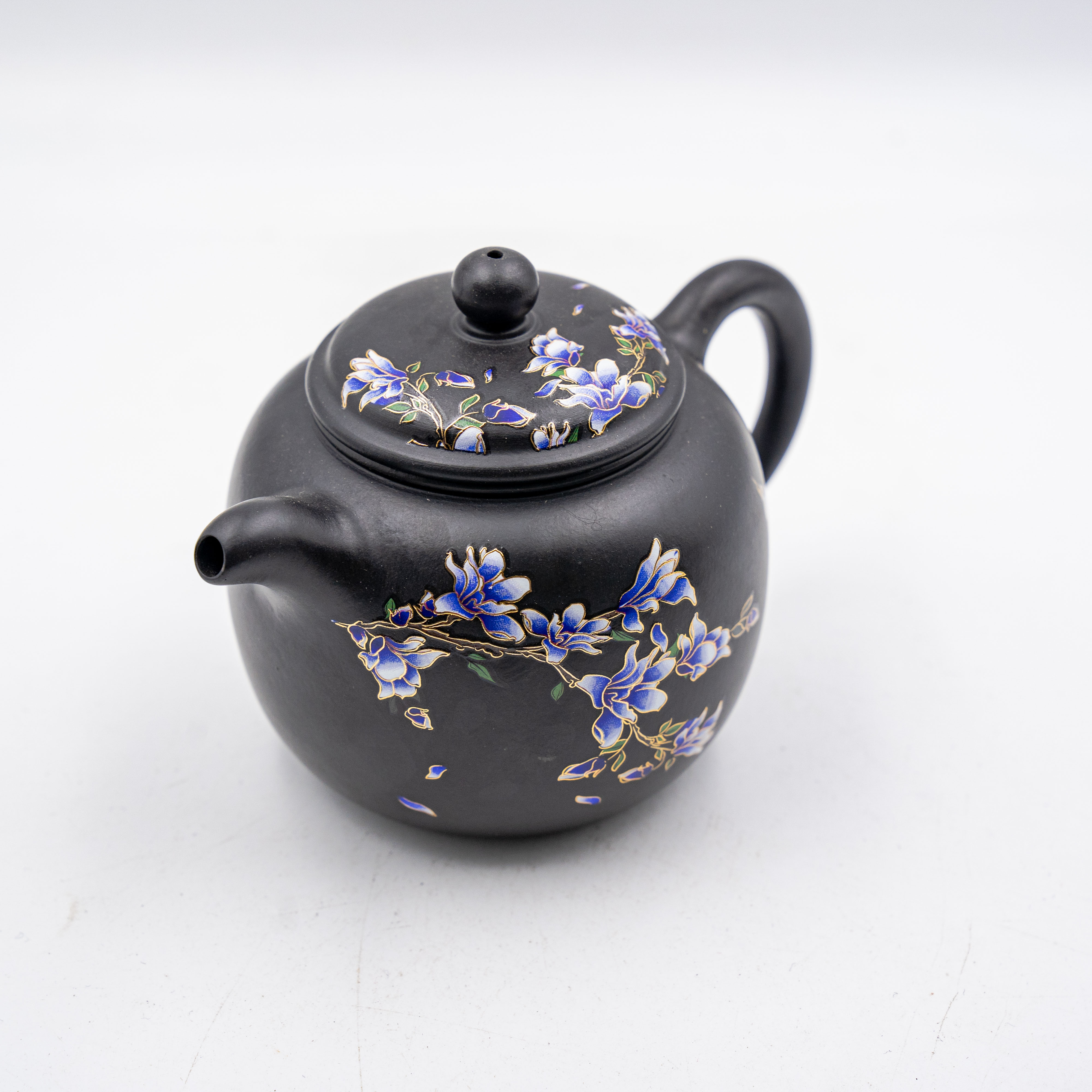 Handcrafted Yixing Heini Clay Paohun Teapot with Enamel Painted Flowers