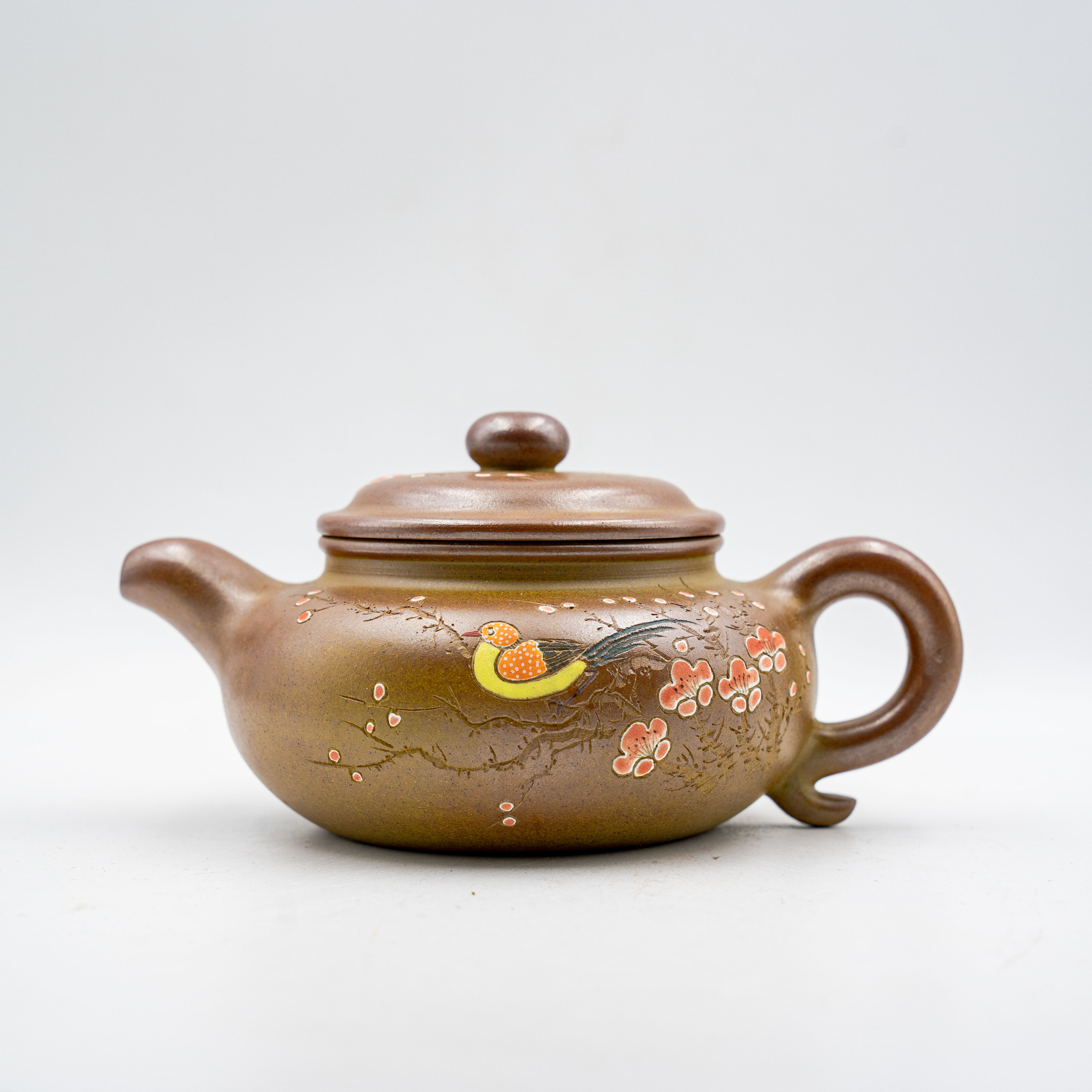 Handcrafted Yixing Zisha Clay Fanggu Teapot with Mud-Painted Plum Blossom Design, Wood-Fired