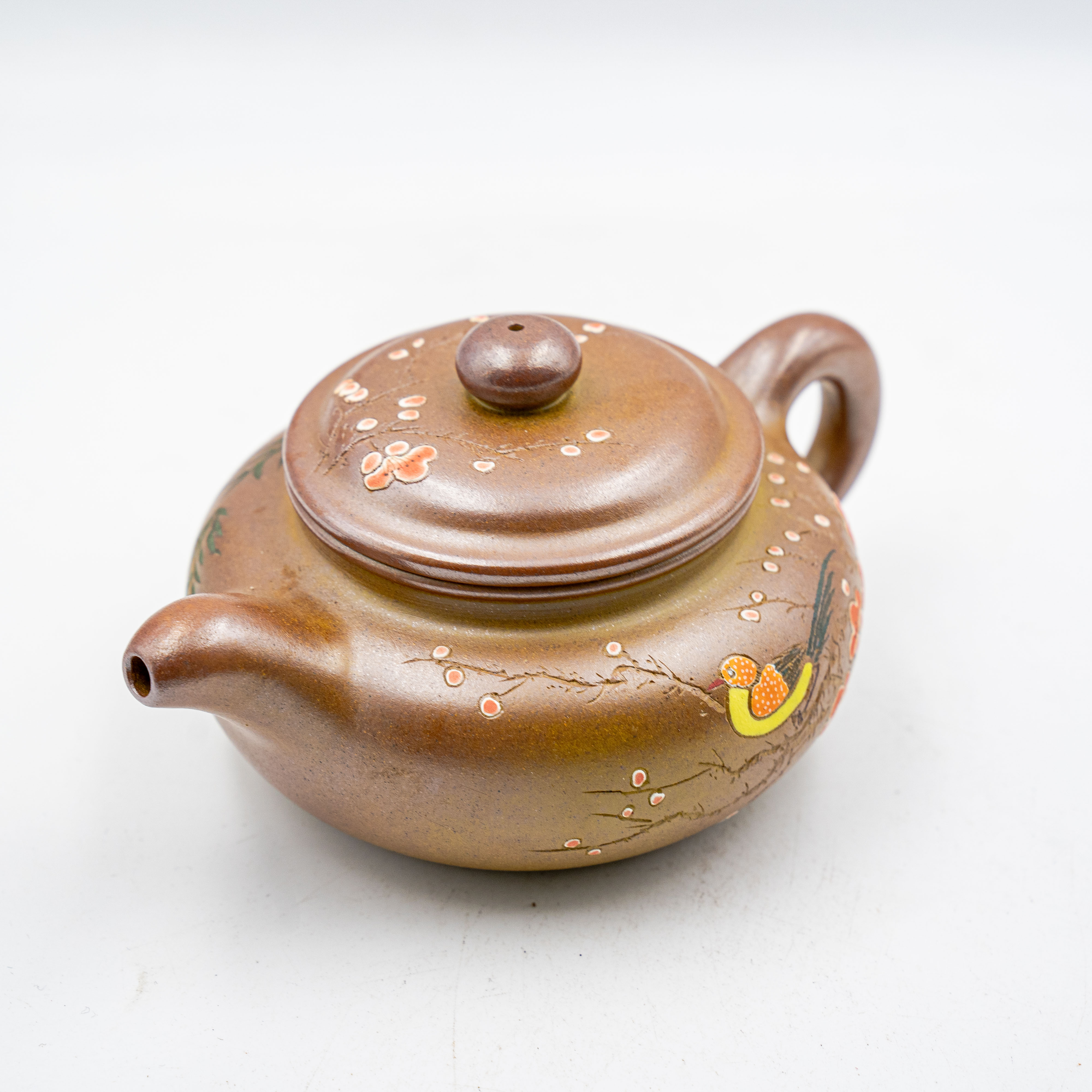 Handcrafted Yixing Zisha Clay Fanggu Teapot with Mud-Painted Plum Blossom Design, Wood-Fired