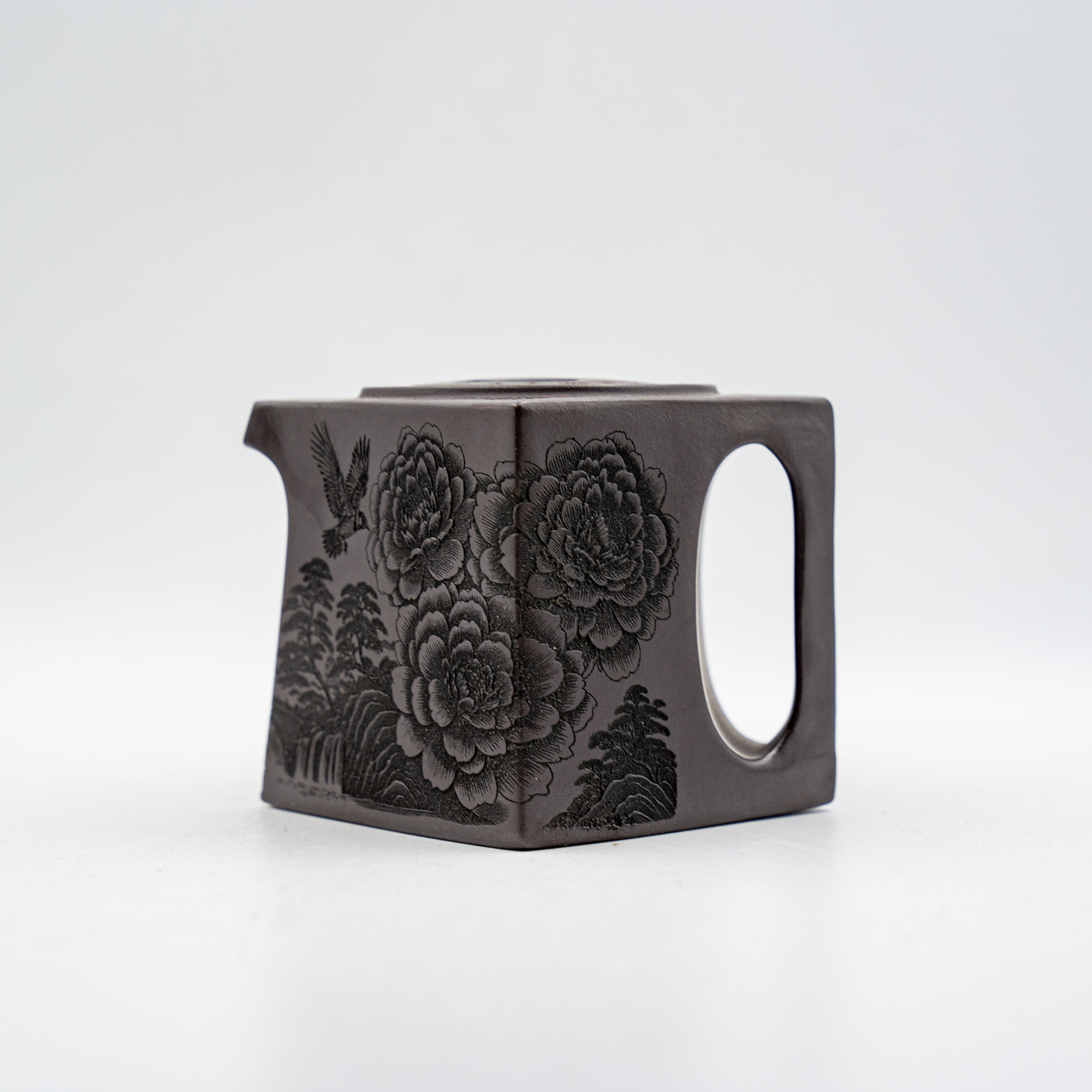 Handcrafted Yixing Zisha Yangxian Fangsi Teapot, Peony Motif, Square Design