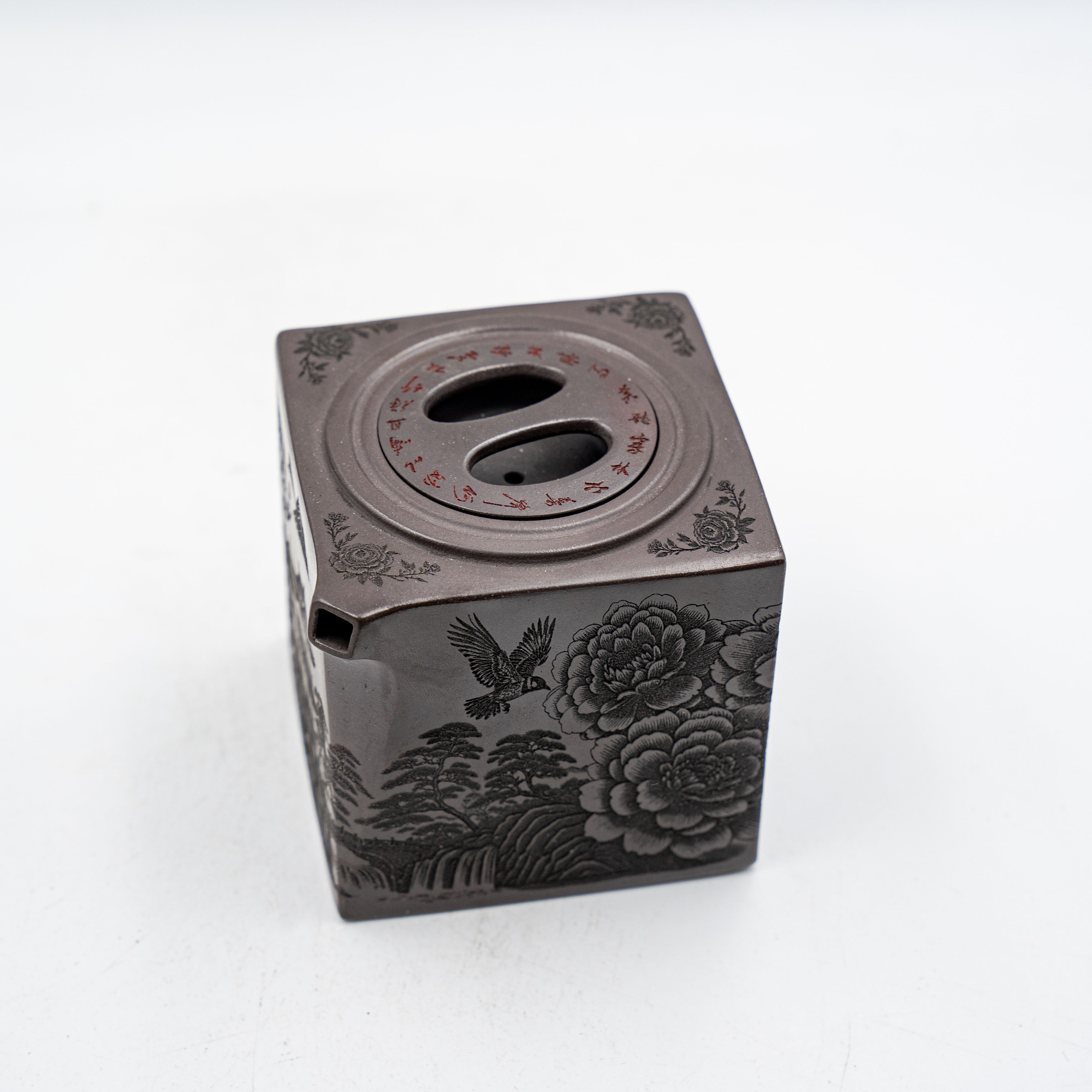 Handcrafted Yixing Zisha Yangxian Fangsi Teapot, Peony Motif, Square Design
