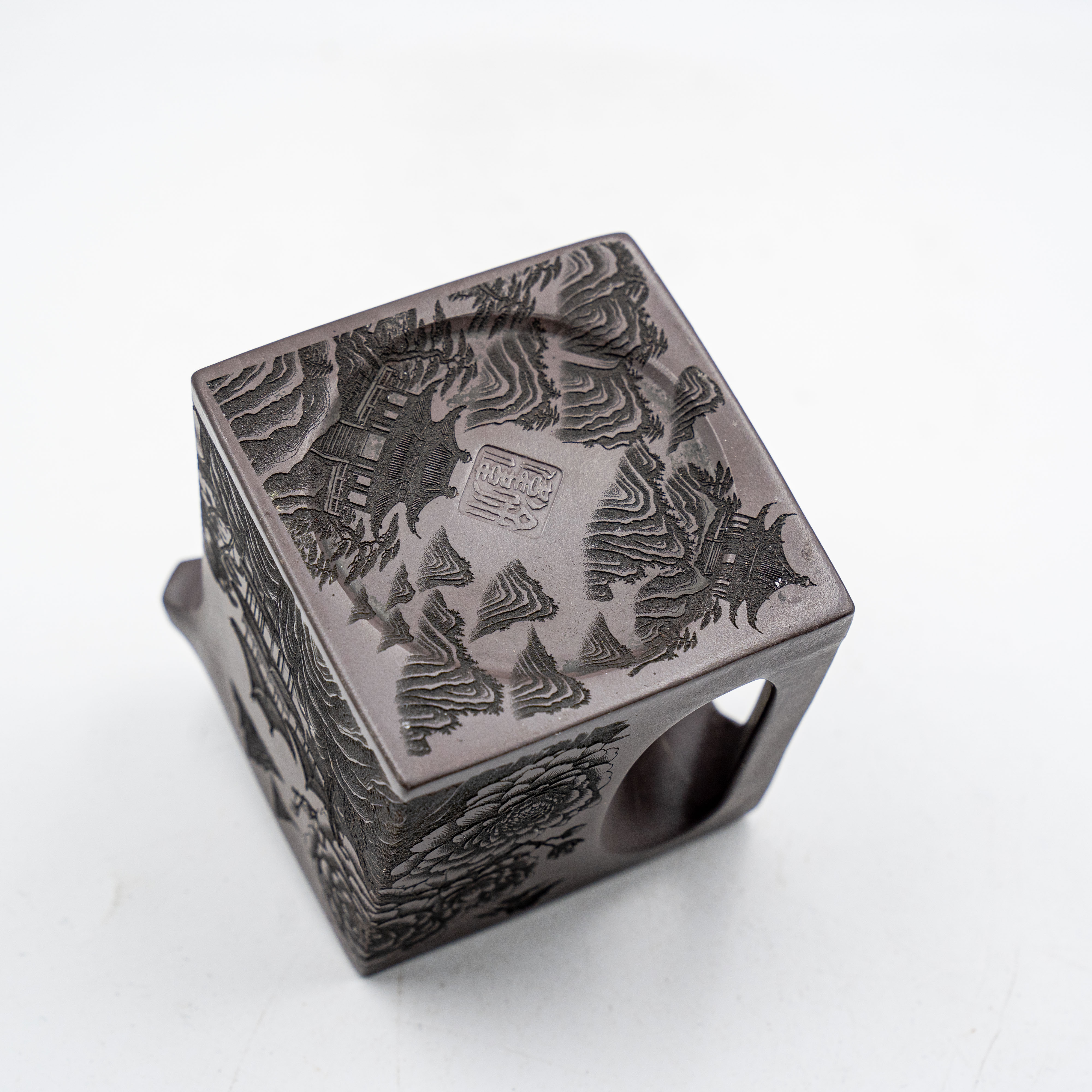 Handcrafted Yixing Zisha Yangxian Fangsi Teapot, Peony Motif, Square Design