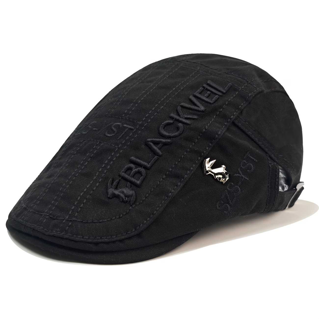 Black men's vintage flat cap with raised embroidery and metal badge