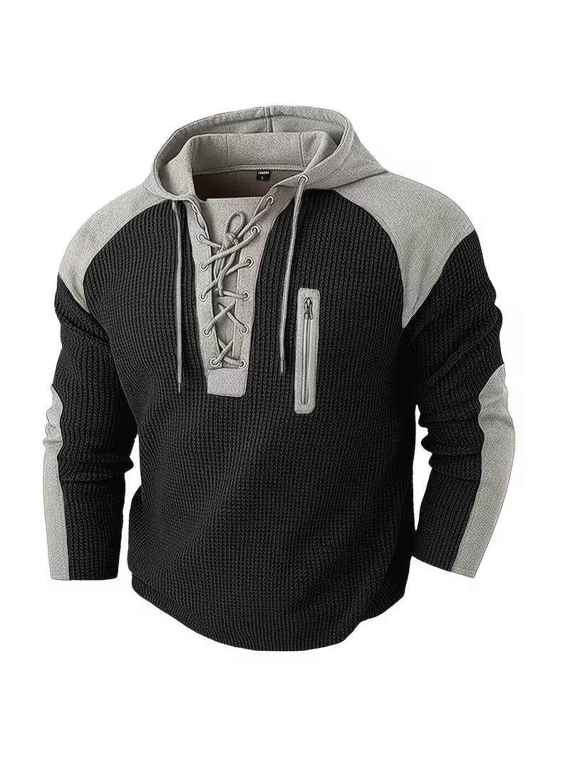 🎁LAST DAY 70% OFF🎁-Men’s Waffle Knit Lace Up Hoodie with Contrast Shoulder Panels