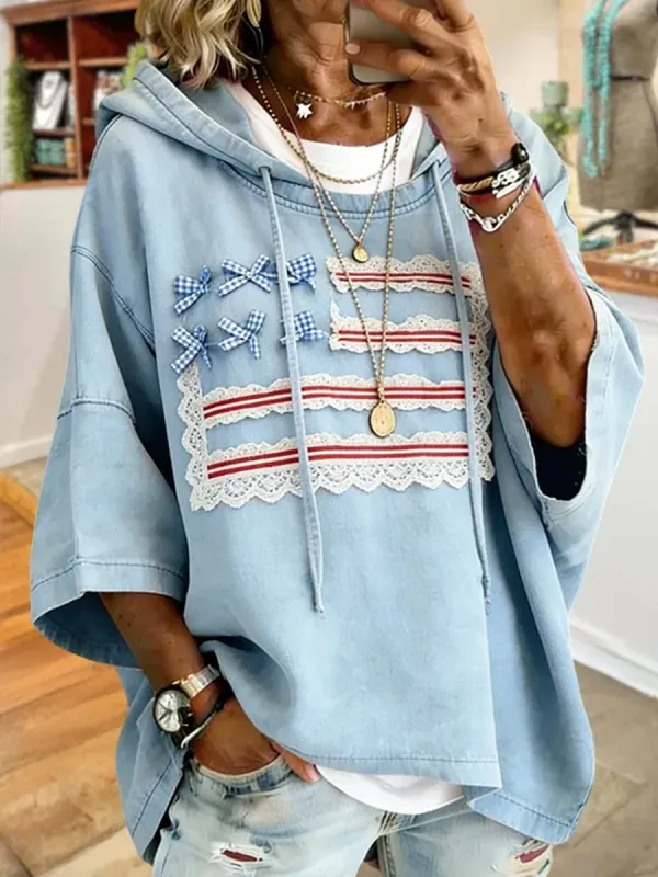 Patriotic Light Blue Denim Flag Lace Applique Oversized Hoodie