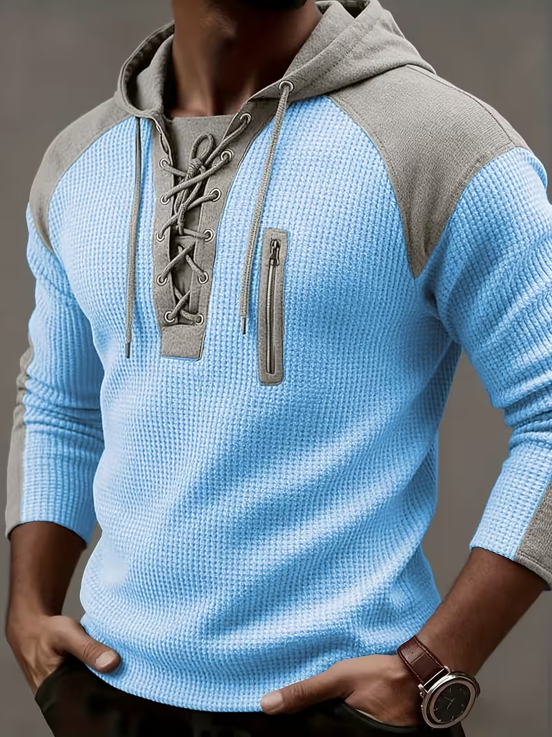 🎁LAST DAY 70% OFF🎁-Men’s Waffle Knit Lace Up Hoodie with Contrast Shoulder Panels
