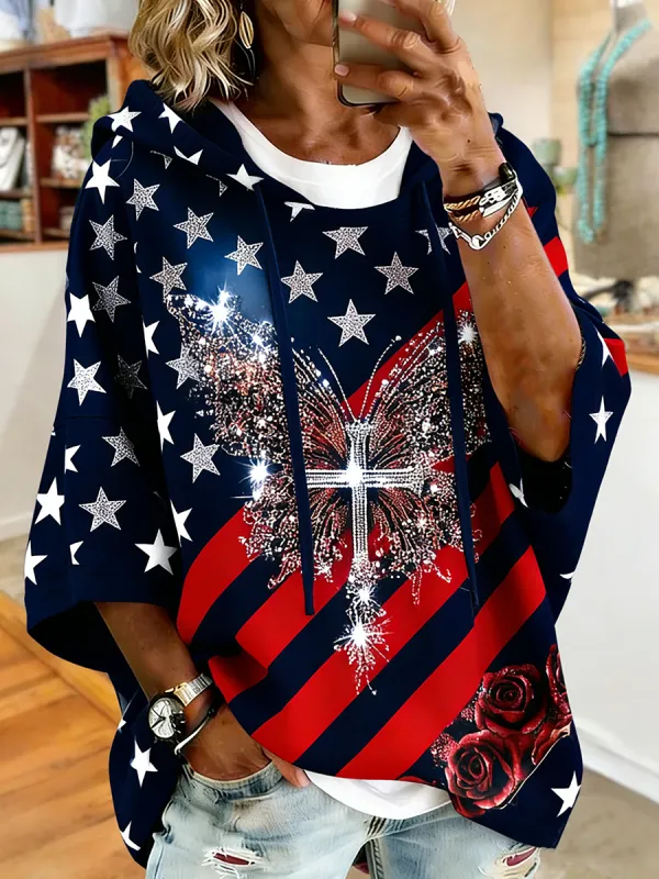 Women's Patriotic American Flag Rhinestone Butterfly Rose Hooded
